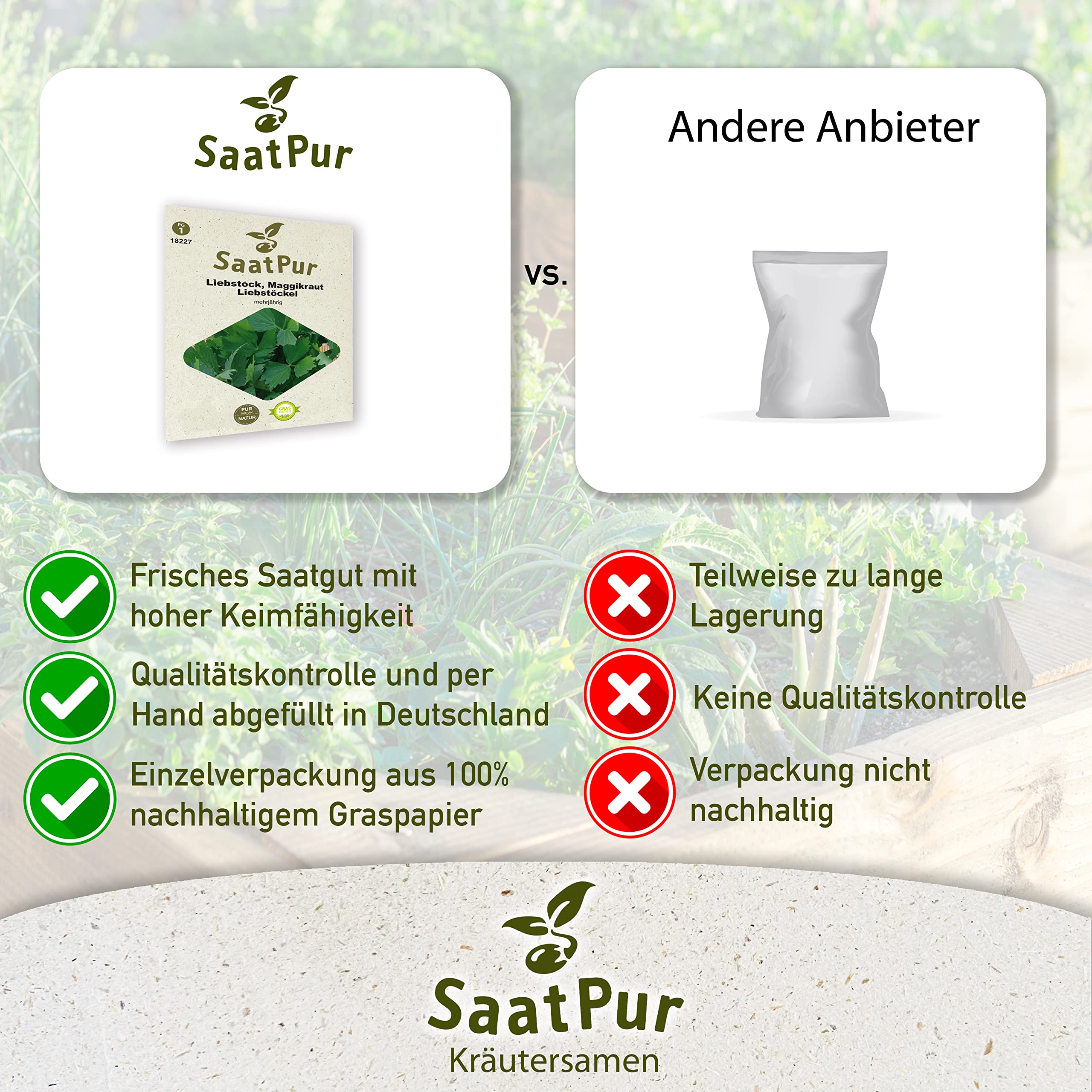 SaatPur Liebstöckel Samen, Maggikraut samenfestes Samen Saatgut - Kleines Tray mit 25 Portionstüten für je ca. 80 Pflanzen Kräutersamen