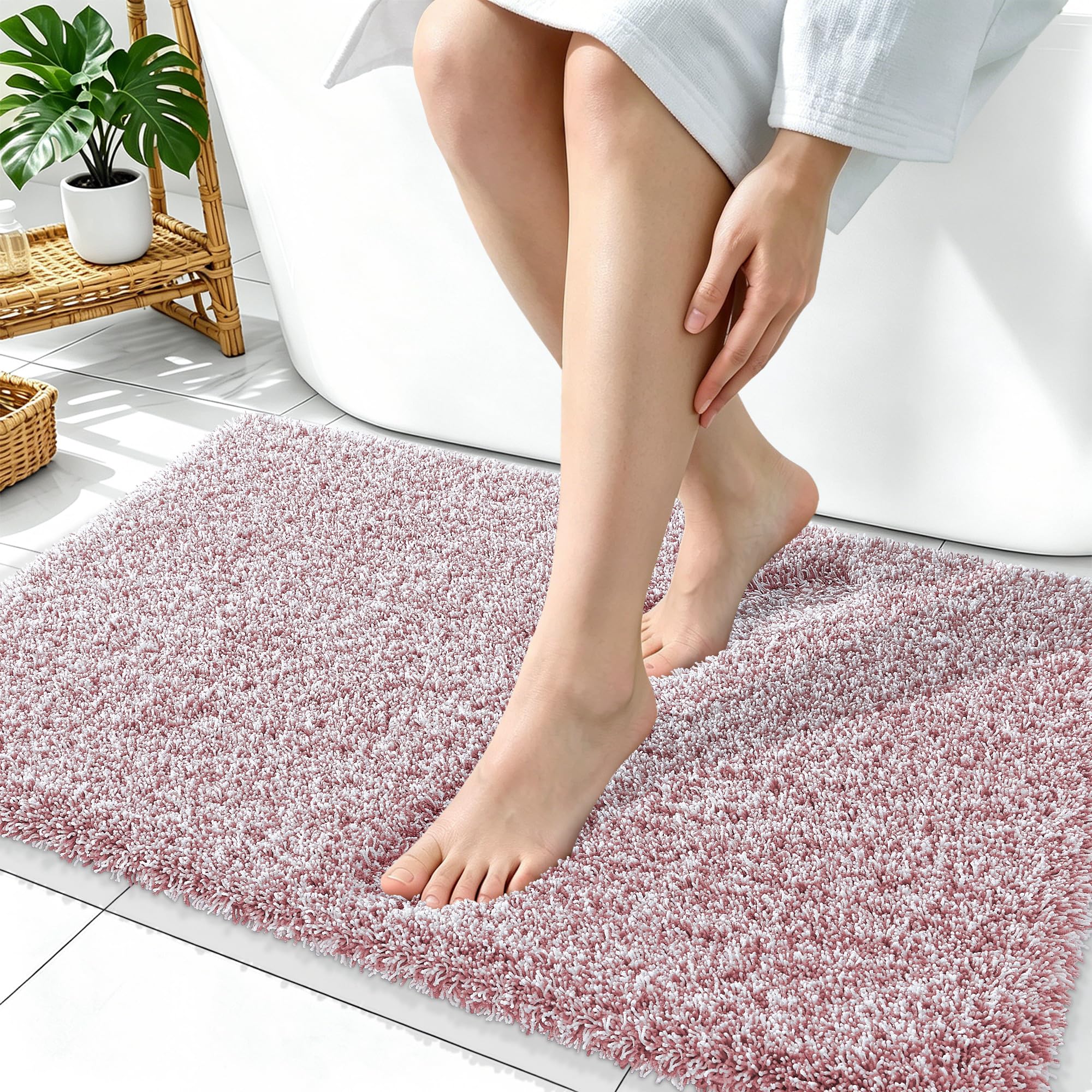 OLANLY Microfiber Bathroom Rugs 36x24, Quick Dry Mat, Deep Rose and White