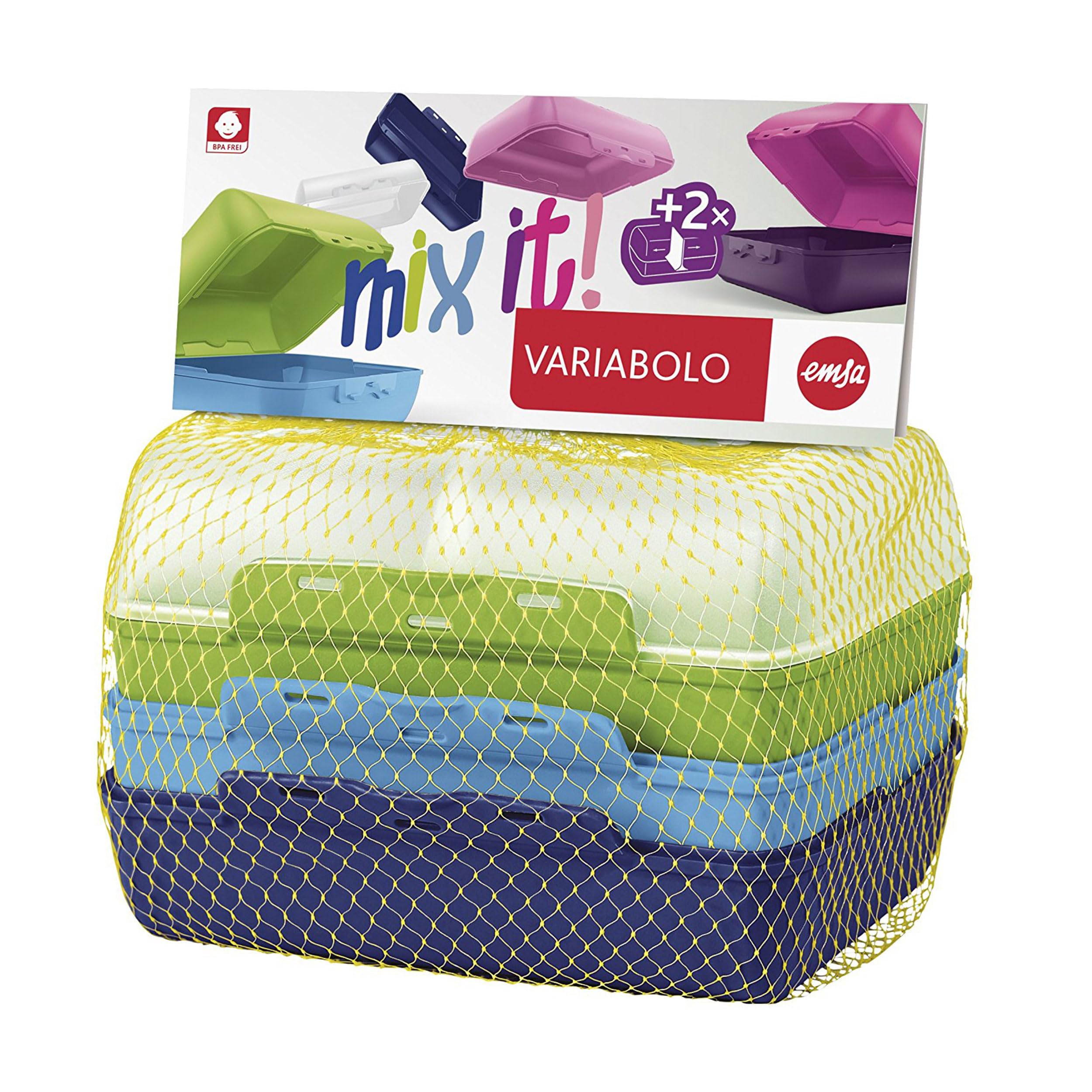 Emsa 517053 Variabolo 4-teiliges Frischhaltedosen Boys-Set (16 x 11 x 7 cm, beidseitig zu öffnen, platzsparend ineinander stapelbar) Blau/Grün