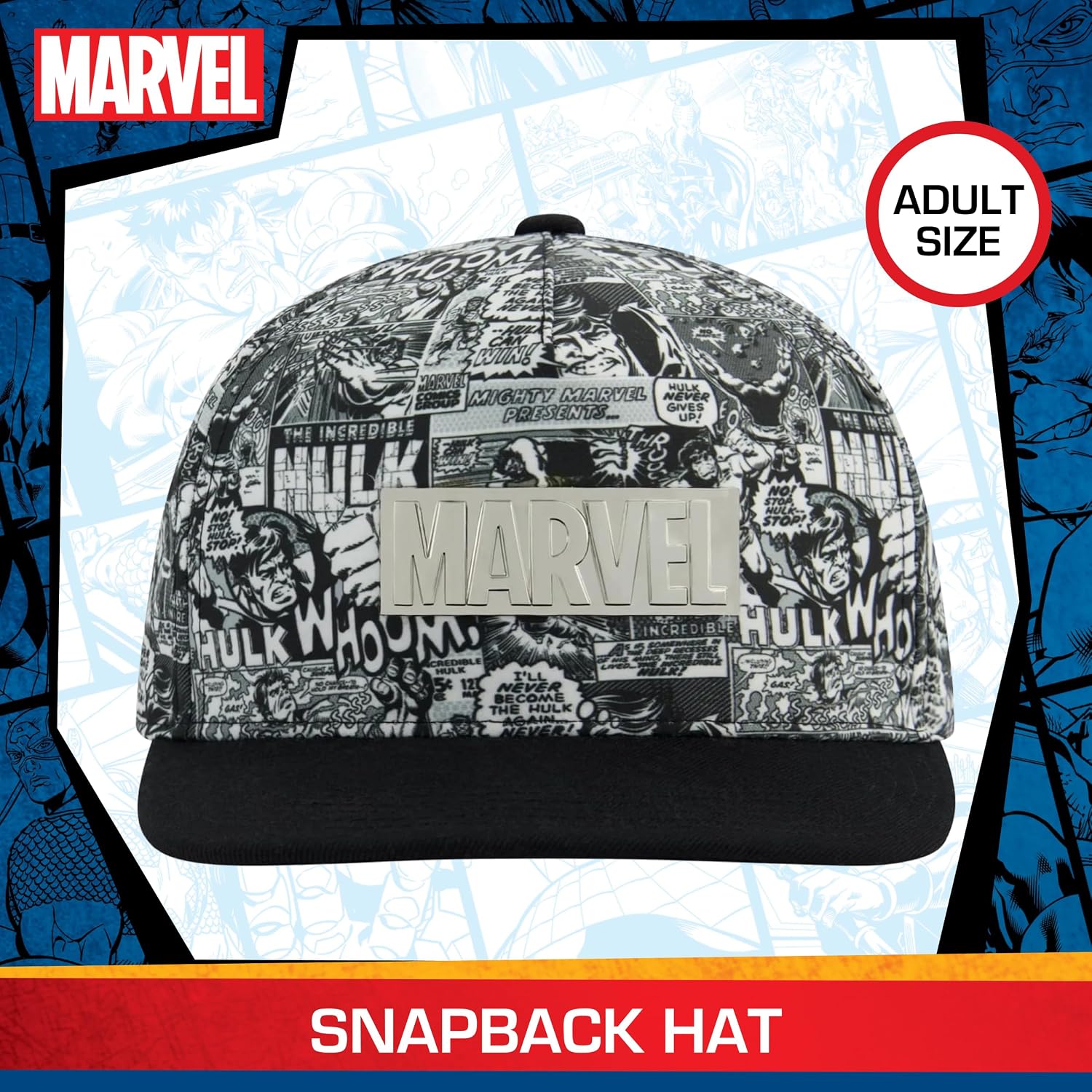 Marvel Hulk Baseball Cap, Comic Print Snapback Hat, Curved Brim Streetwear Style, Metal Logo Badge, Black and White