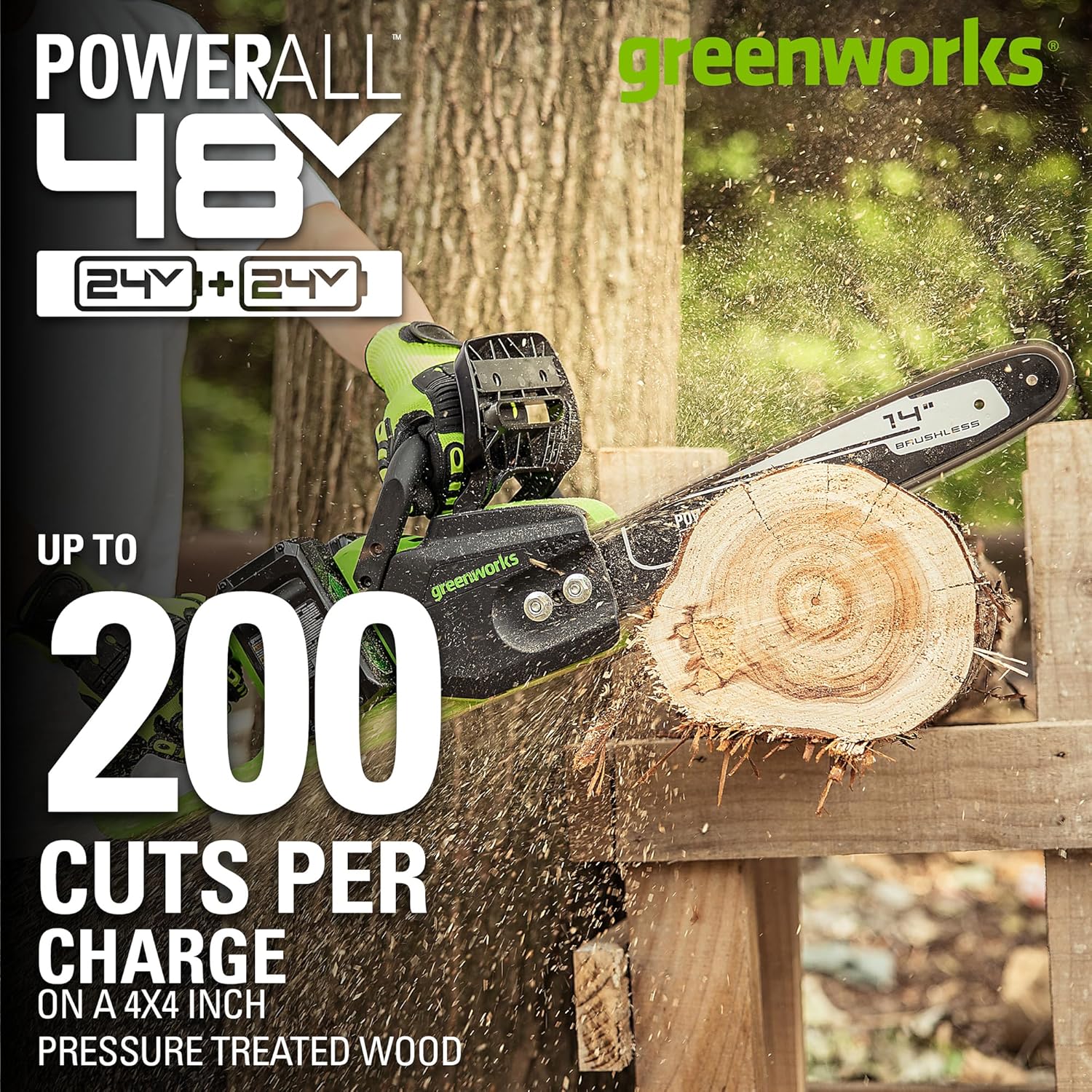 Greenworks 48V (24V x 2) 14" Brushless Cordless Chainsaw (Great For Tree Felling, Limbing, Pruning, and Firewood / 200+ Compatible Tools), (2) 4.0Ah Batteries and Dual Port Rapid Charger Included