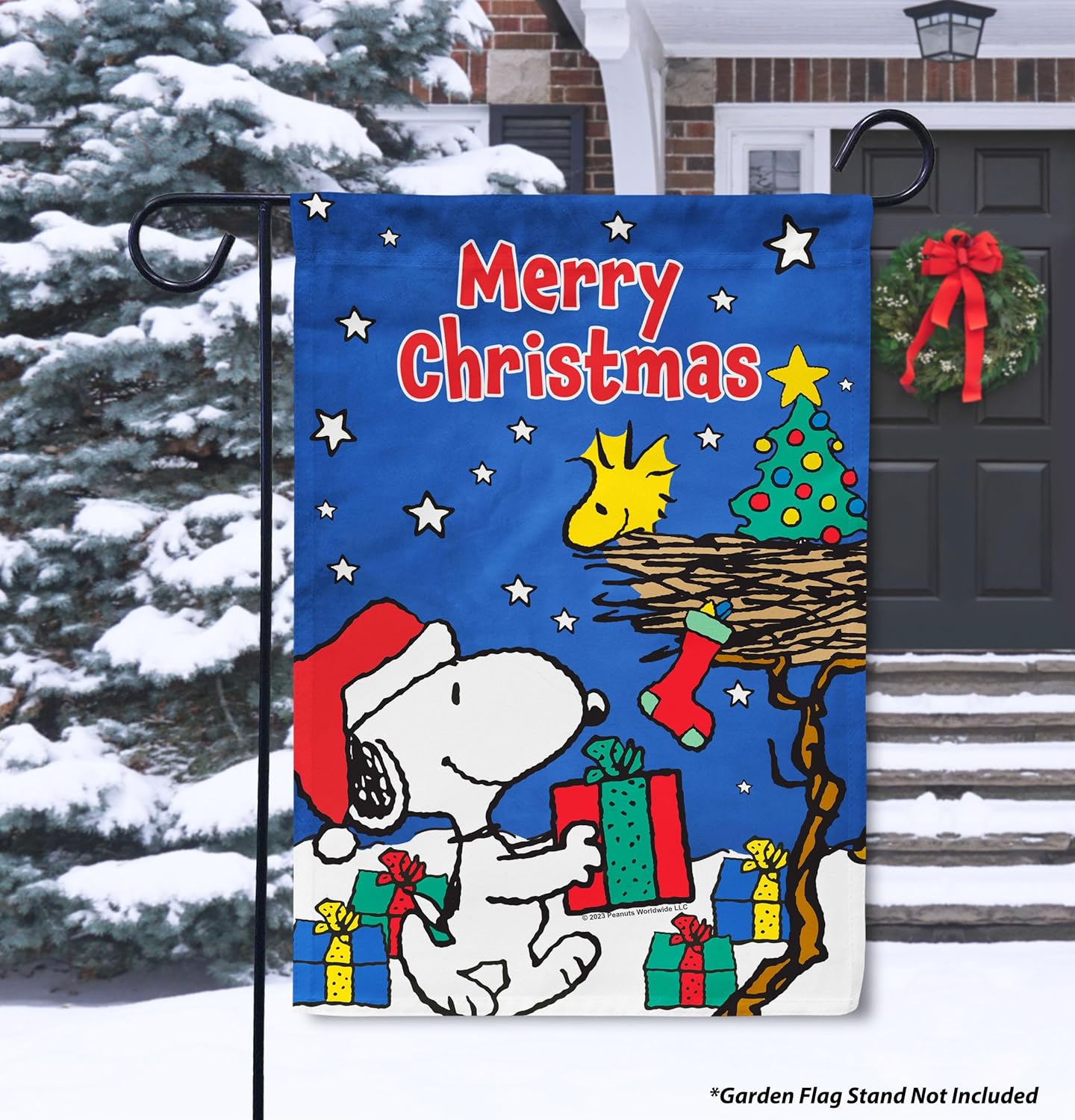 Flagology, PEANUTS® Merry Christmas Snoopy and Woodstock – Garden Flag 12" x 18", Outdoor Flag, Exclusive Premium Fabric, Officially Licensed PEANUTS®, Christmas