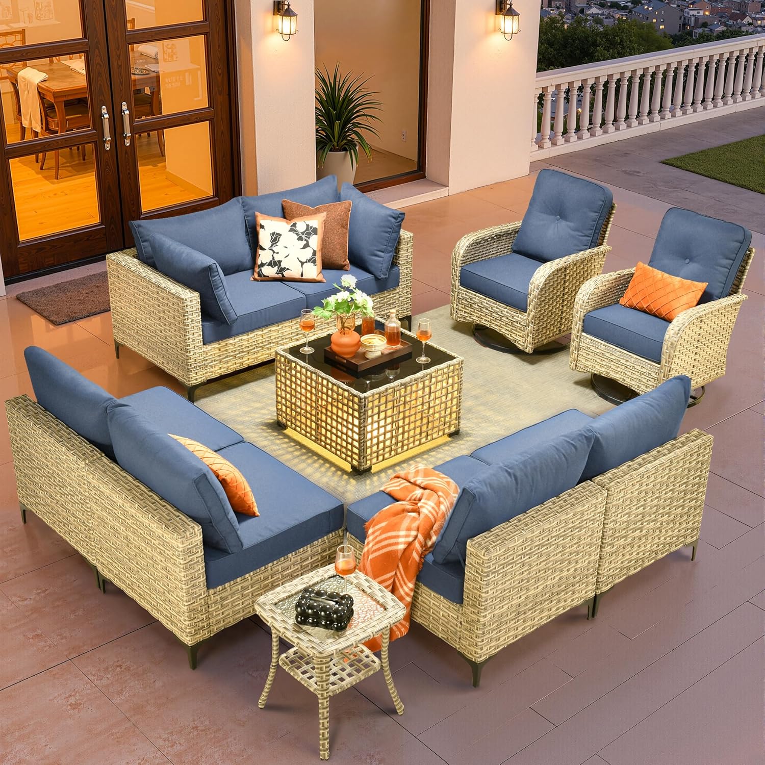 Outdoor Sectional Patio Furniture Set,5 Pieces Rattan Wicker Conversation Sets L Shaped Couch,Outside Furniture with Glowing Coffee Table,Dark Grey