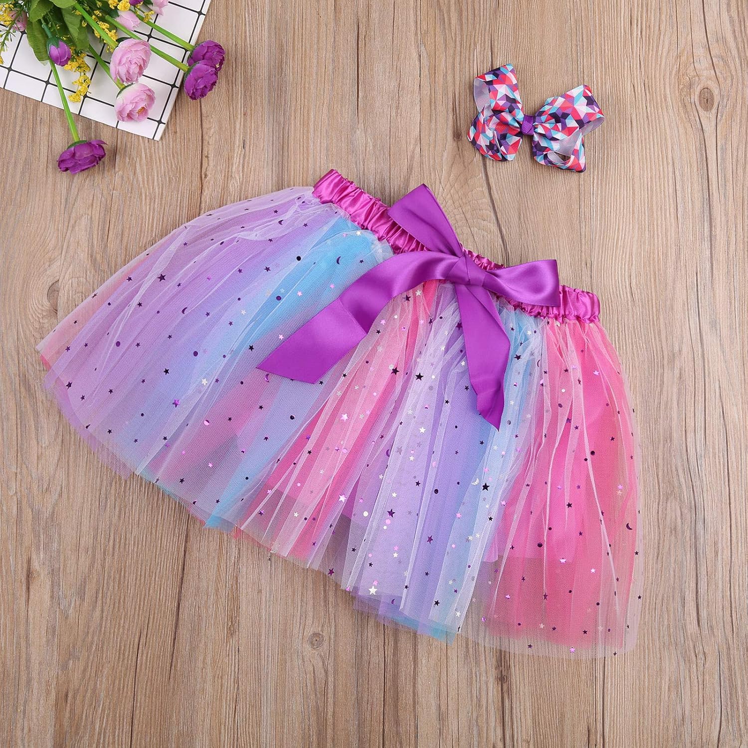 Miniatura 4 de Falda de tutú de tul para niña con lazos para el cabello, fiesta de baile arcoíris, tutú, princesa, ballet para niños de 2 a 9 años