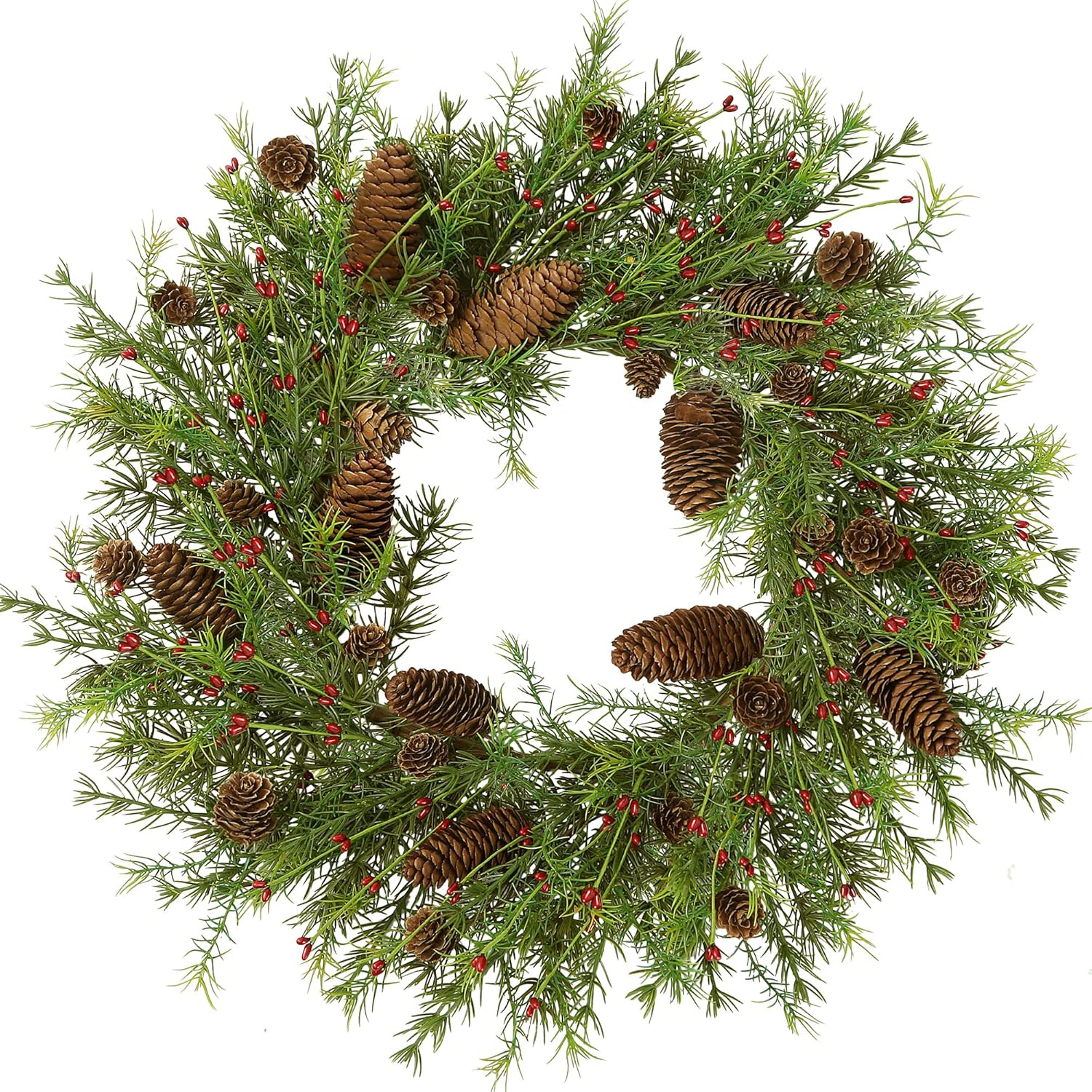 22’’ Artificial Christmas Wreath Pine Wreath for Front Door with Pine Needles Pinecones Red Pip Berries Christmas Decorations for Winter Farmhouse Wall Indoor Outdoor Home Holiday Xmas Decor Green