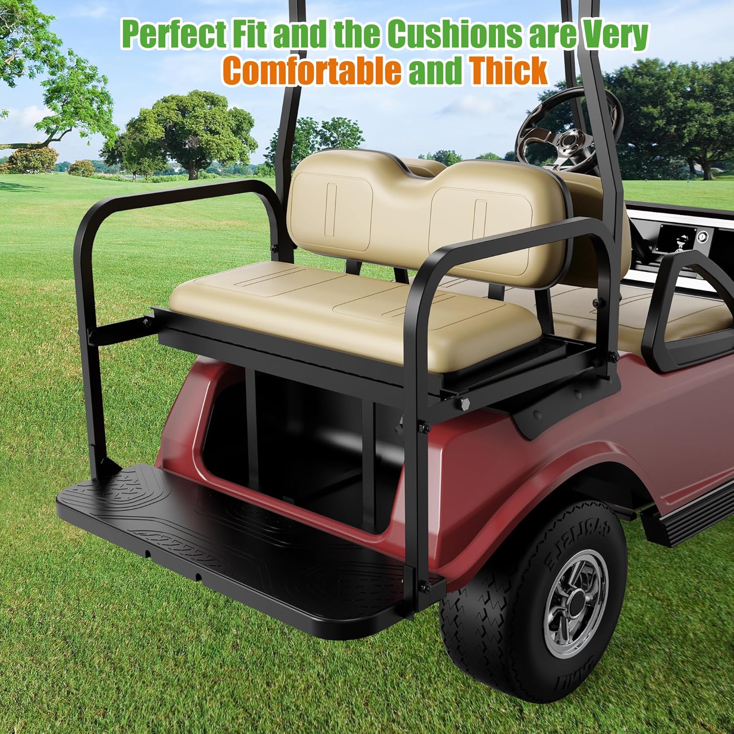 10L0L Golf Cart Rear Flip Seat for Club Car DS 2000.5+, Heavy-Duty Alloy Steel & PE Construction, No-Drill Installation, Non-Slip Pedals & Padded Backrest