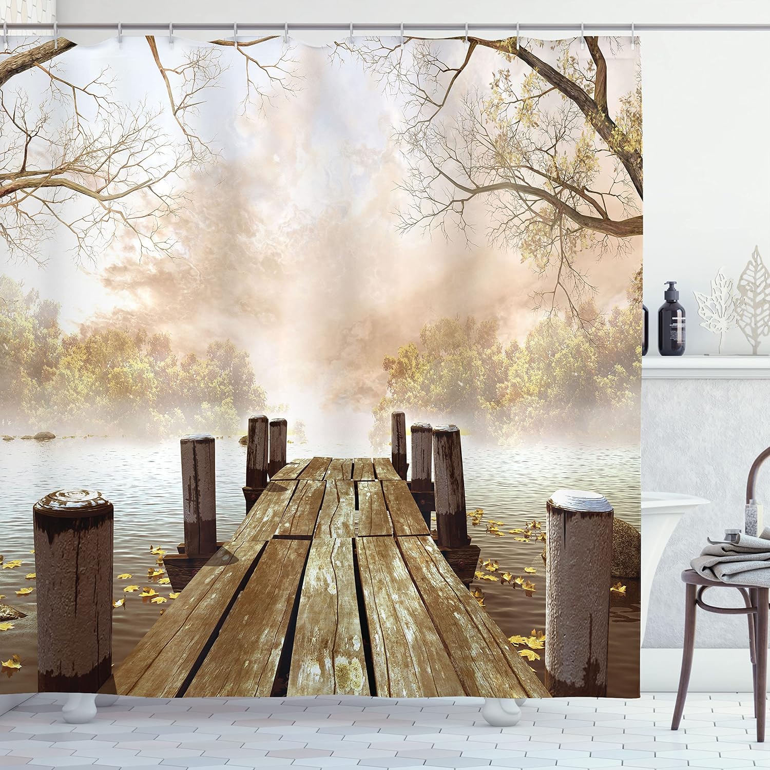 Ambesonne Autumn Cottage Farm House Shower Curtain for Bathroom & Fabric Home Decor Backdrop with Hooks Old Wooden Jetty on a Lake Fallen Leaves and Foggy Forest in Distance 69" W x 75" L Brown Beige