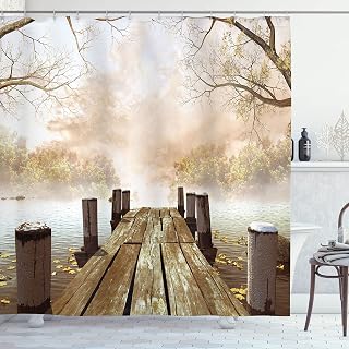 Ambesonne Fall Wooden Foggy Scene Lake River Print Polyester Fabric Shower Curtain - Extra Long, Beige Brown Taupe 69" W By 75" L