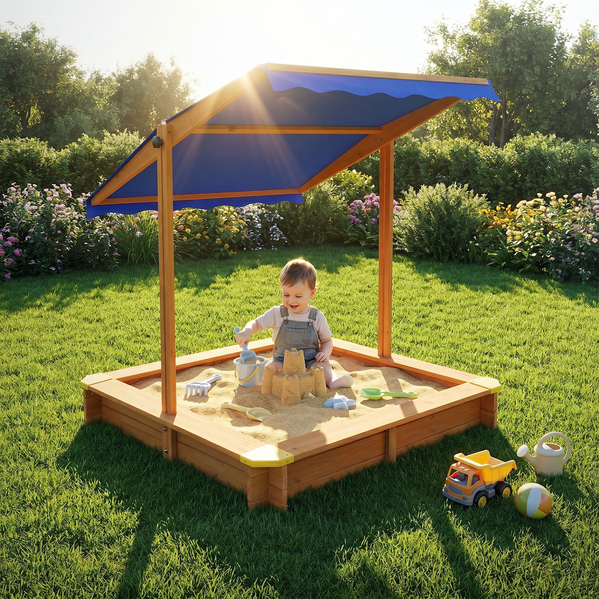 ML-Design Sabbiera con Tetto Regolabile 118x118 cm, in Legno Massello, Sandbox per Bambini con Copertura, Tessuto Base e Bordi Rinforzati, Protezione UV 50, Sabbionaia da Giardino, Gioco da Esterno