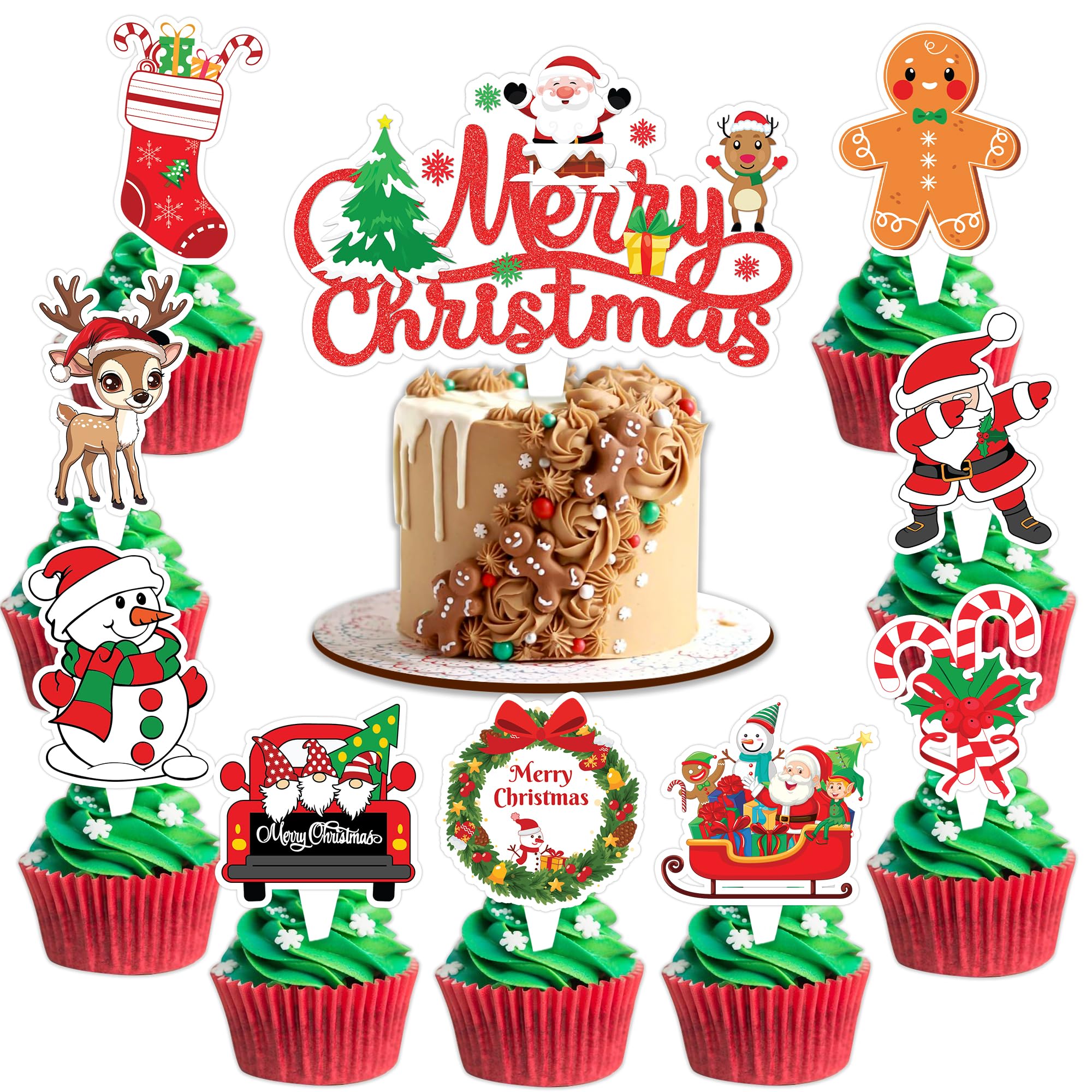 Merry Christmas Cake Topper Picks, 25PCS Xmas Snowflake Snowman Cupcake Toppers Cake Decorations Santa Claus Theme Birthday Party Supplies Favors Decor Centerpiece Table for Boys Girls Carnival Prizes