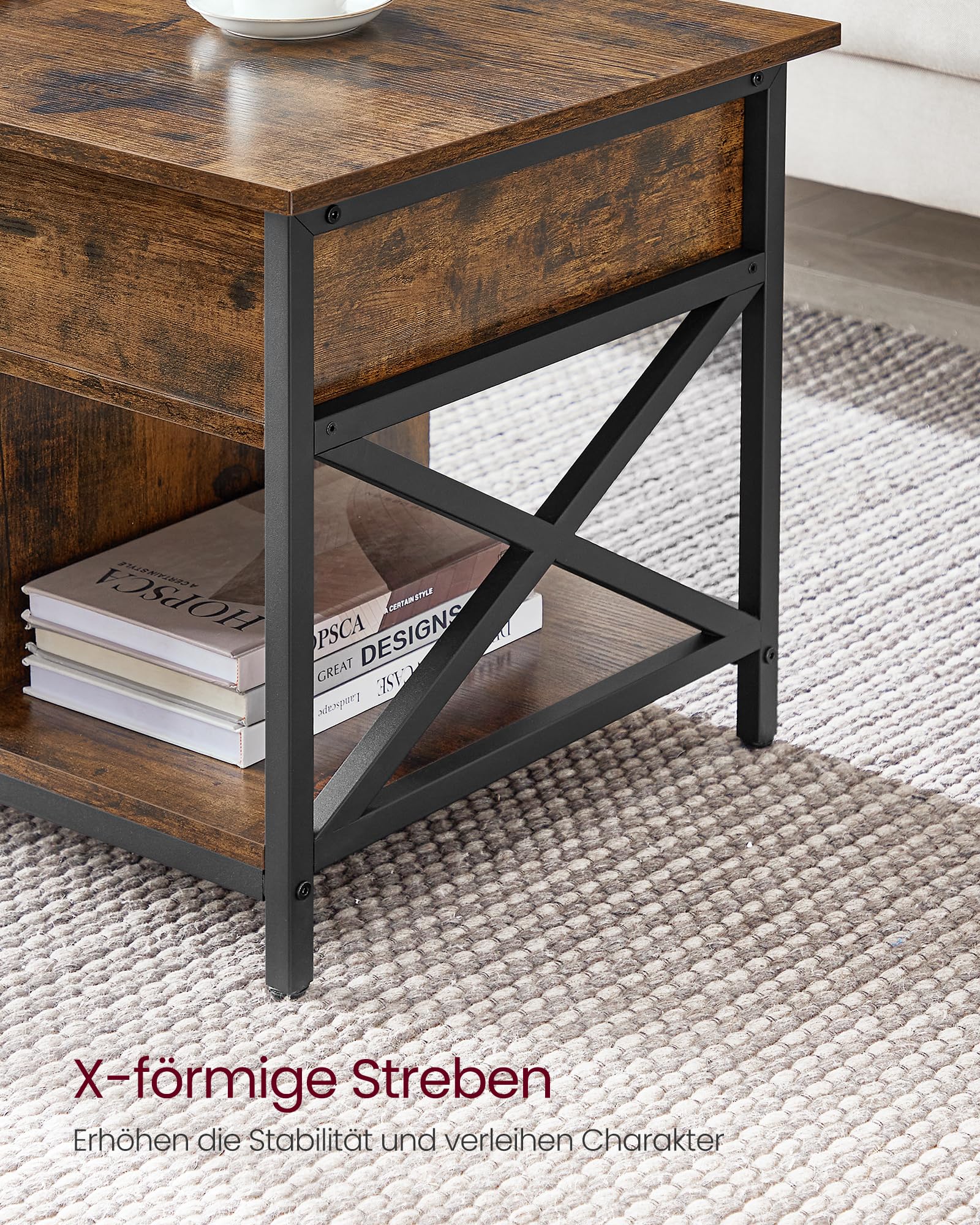 VASAGLE Couchtisch, höhenverstellbarer Wohnzimmertisch, Kaffeetisch, mit verstecktem Stauraum und offenen Fächern, Stahlgestell, 50 x 100 x (46,5-62) cm, vintagebraun-schwarz LCT202B01