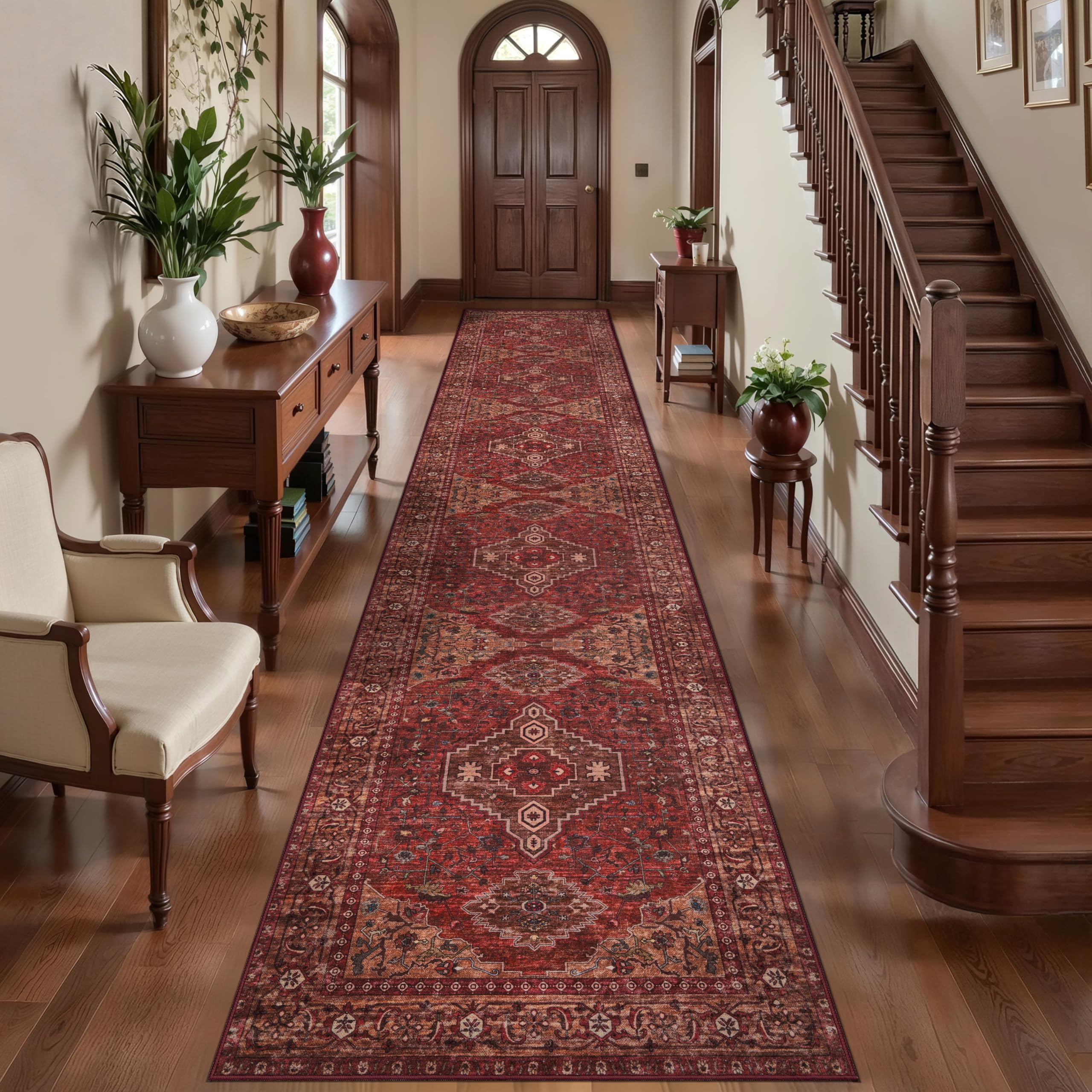 Tangsoo Boho 2.6x14 Runner Rug for Hallways Non Slip, Red Washable Runner Rug, Vintage Soft Low Pile Long Rug Runners, Oriental Print Carpet Runners for Kitchen Bedroom Entryway Living Room