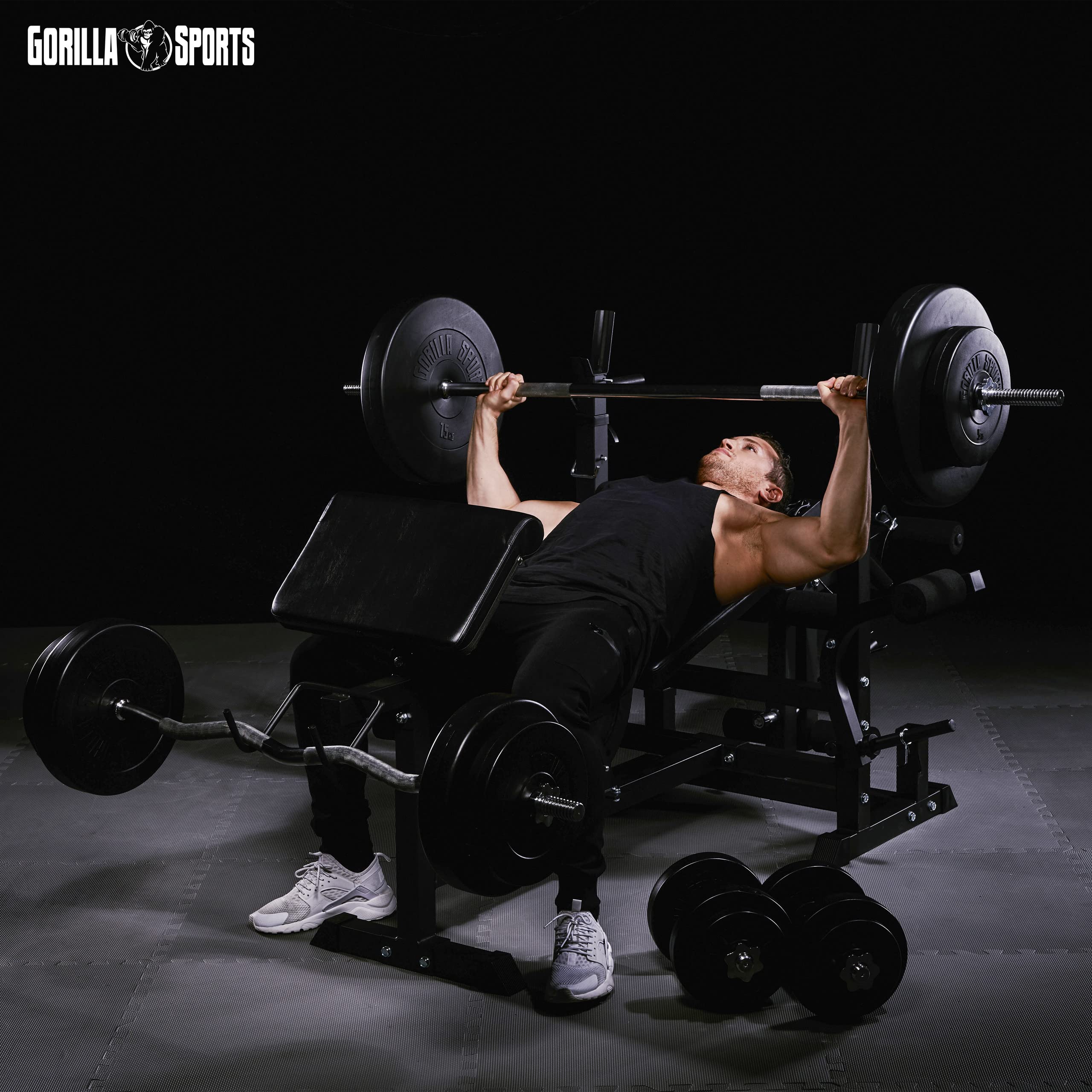 GORILLA SPORTS® Panca Multifunzione - Con Set di Pesi 100kg, Schienale Regolabile, Porta bilanciere, Stazione Butterfly, Carico Massimo 280kg, Bianco o Nero - Panca Pesi, Stazione Palestra, Fitness