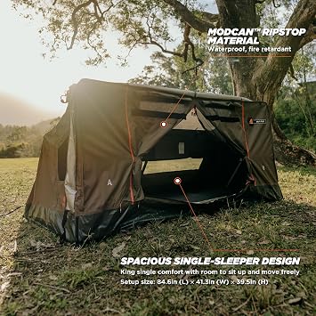 Oztent RS-1 Plus King Single Swag, 30 Second Setup Camping Swag for 1 Person, SkyMesh Skylight, Included Fly, Waterproof ModCanTM 300D Ripstop Polyester, Aluminum Frame