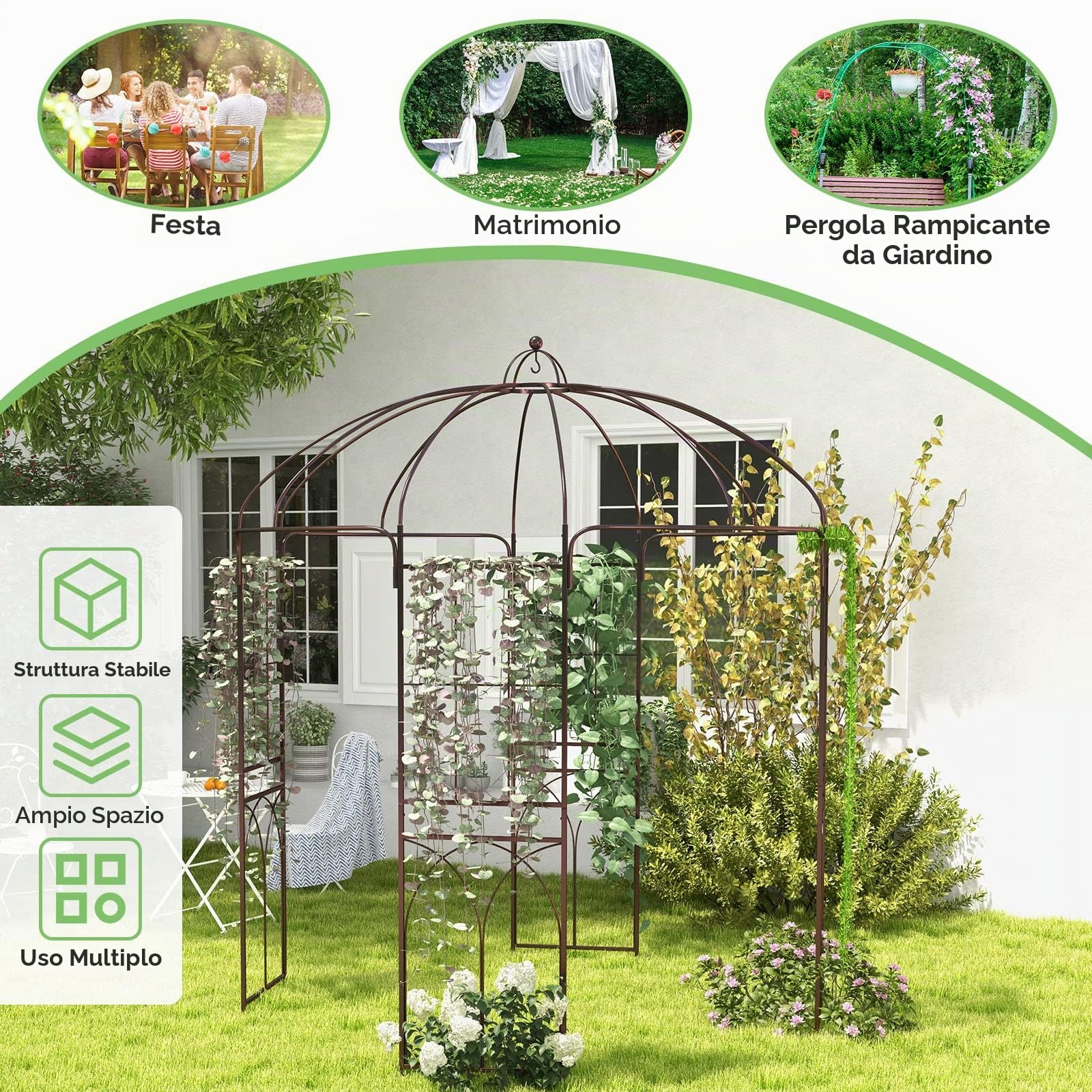 HOMASIS Pavillon per rose in metallo, arco per giardino con ganci e tetto, pergolato per piante rampicanti, pergola da giardino per matrimoni (211x211x256cm, bronzo)
