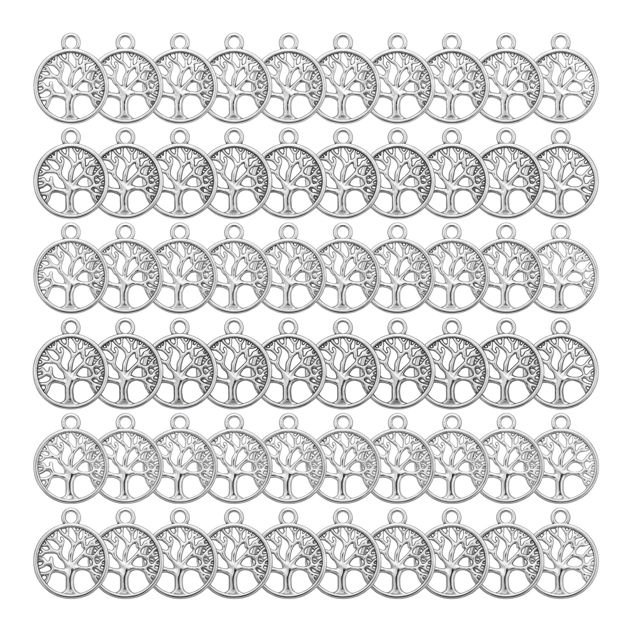 Skyzone Tree of Life Connector Charms for Jewellery Making,60 Pieces Metal Life Tree Pendant Flat Round Charm for DIY Crafting Making Necklace Bracelet Earring Decoration (Silver)