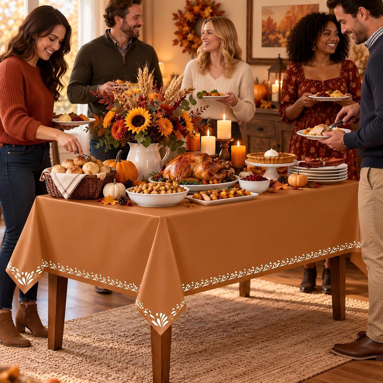 3 Pack Brown Plastic Tablecloths, 54 x 108 Inch Disposable Rectangle Table Covers with White Floral Border for Fall Harvest Thanksgiving Party Wedding Birthday Decor