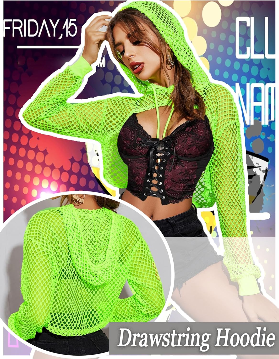 Avidlove Mesh Crop Top Hoodie Rave Tops For Women Long Sleeve Fishnet Shirt for Festival Club Party - Image 4