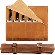 Leather Knife Roll Bag - Chef Knife Case & Holder with 2 Buckles - 7 Slots