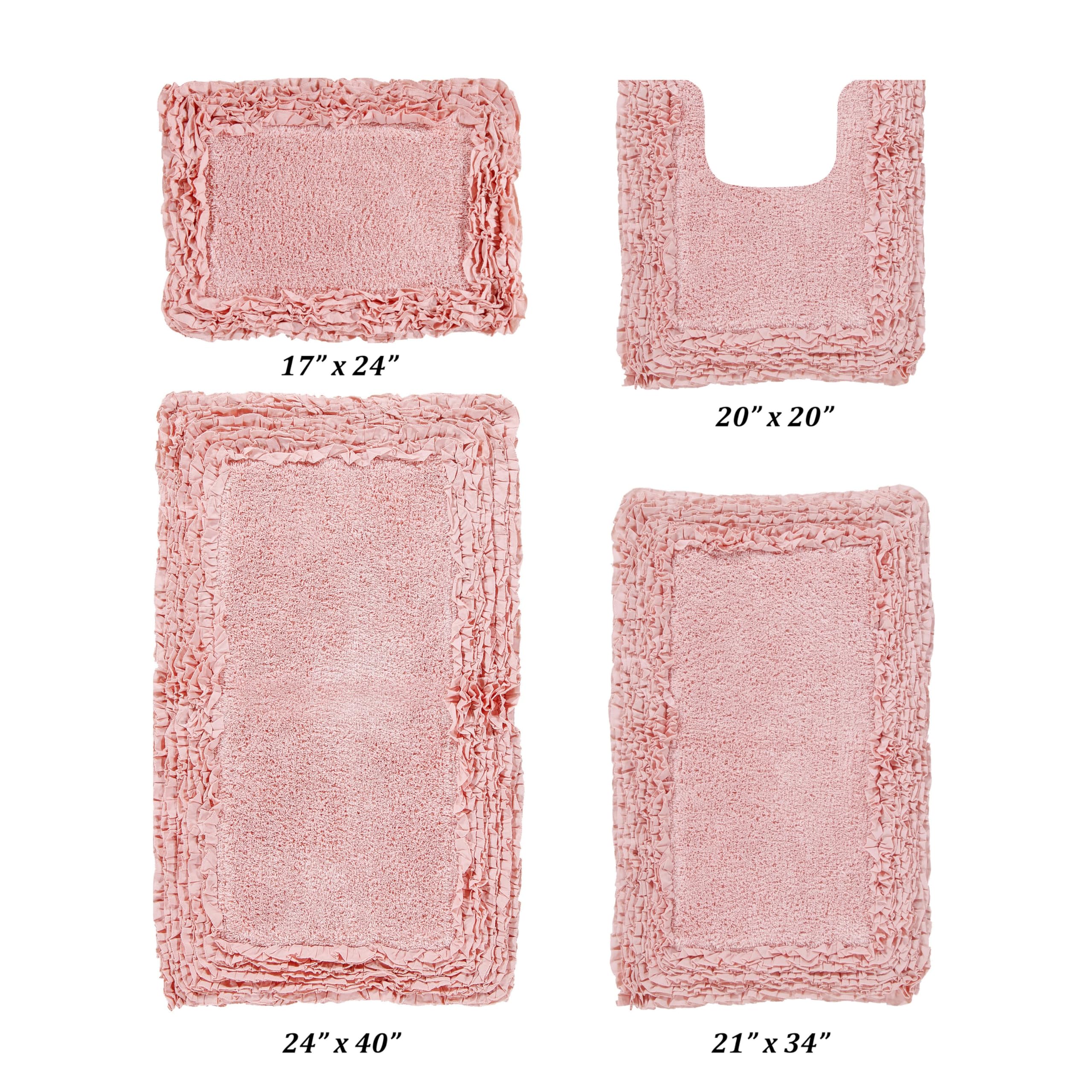 Better Trends 4 Piece Bath Rugs Set 100% Cotton Bathroom Rug Soft, Water Absorbent, Non-Slip Rug Pad, Washable for Bathroom Decor Toilet Base Contour and Bath Mat Pink Shaggy Border Collection