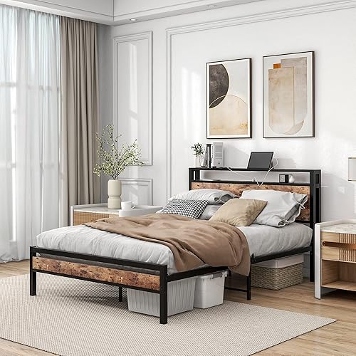 Miniatura 4 de BOFENG Base de cama de tamaño matrimonial con cabecera de almacenamiento, estación de carga USB, marco de cama doble de plataforma de metal, soporte