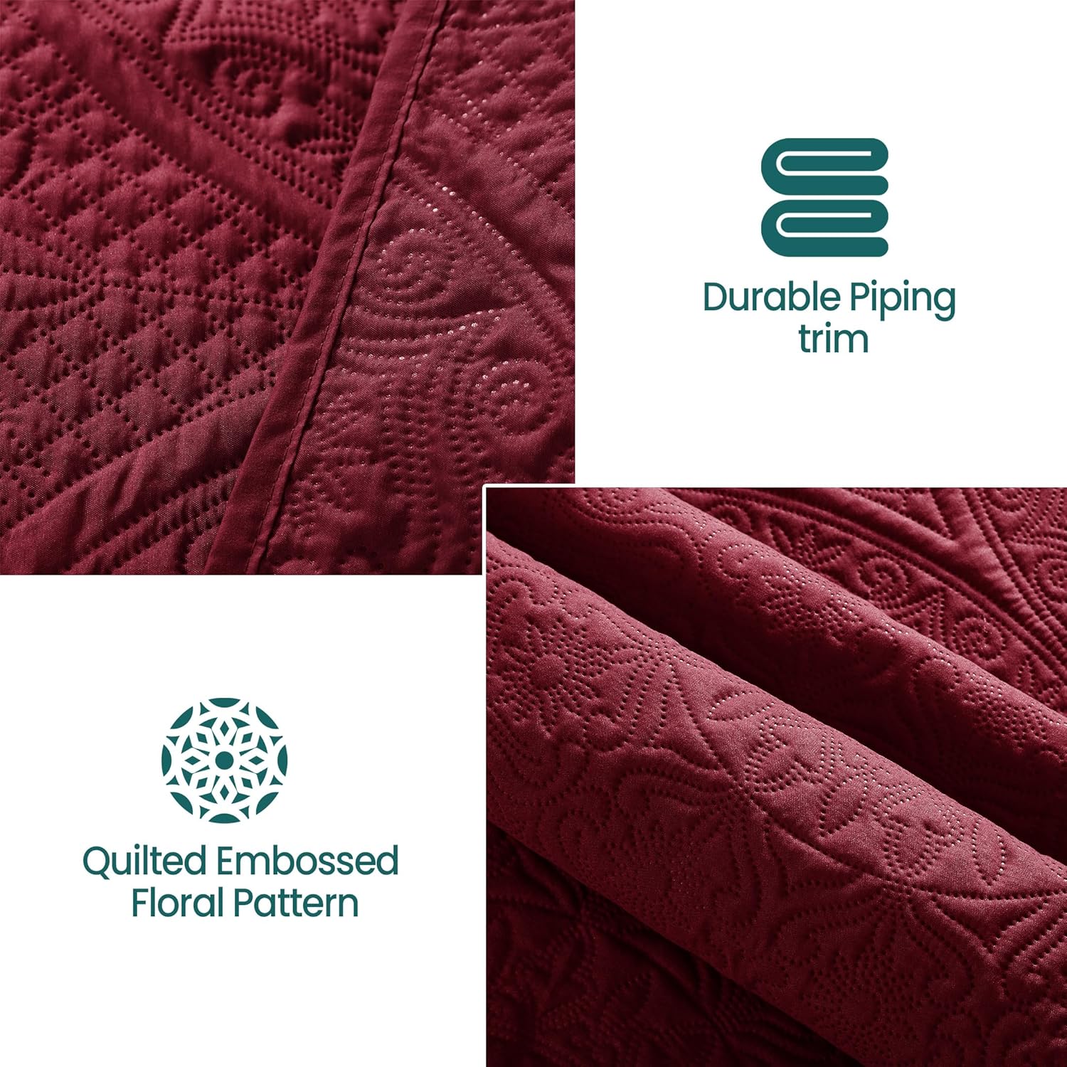 Cotton Passion Quilt Bedding Set - Lightweight Quilted Microfiber Bedspread Floral Pattern (Burgundy, King)