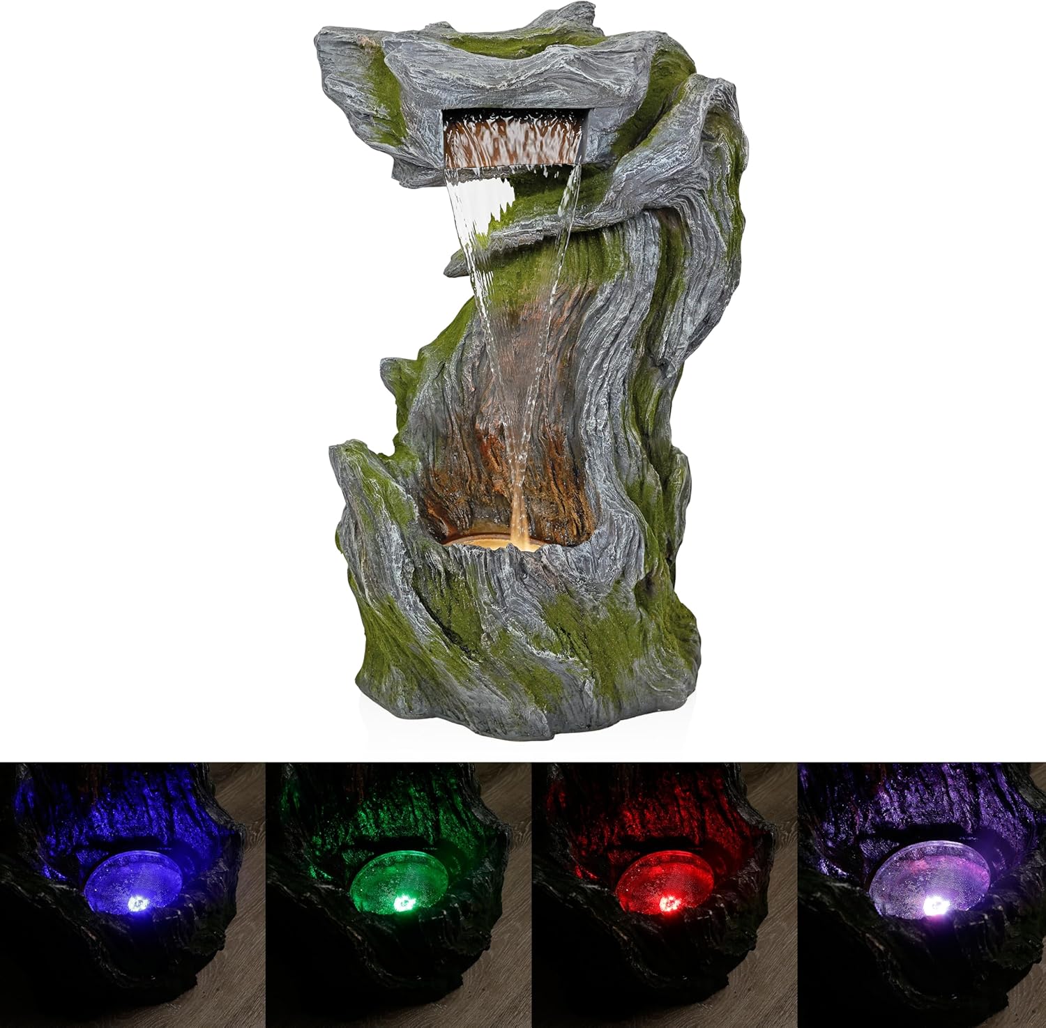 Alpine Corporation WIN1628 32" Outdoor Tree Bark Water Fountain with Color-Changing LED Lights, Cascading Waterfall Garden Fountain for Backyard, Patio & Outdoor Décor, Gray