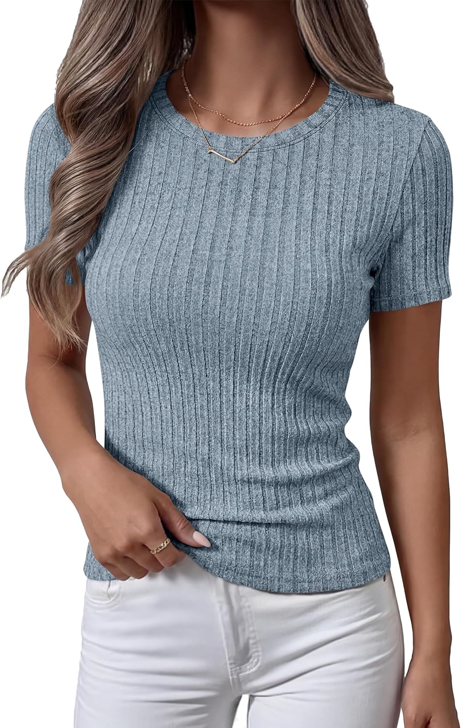 ANRABESS Womens Tops Short Sleeve Crewneck Shirts Slim Fit Ribbed Knit Lightweight Sweater 2026 Summer Dressy Casual T-Shirts