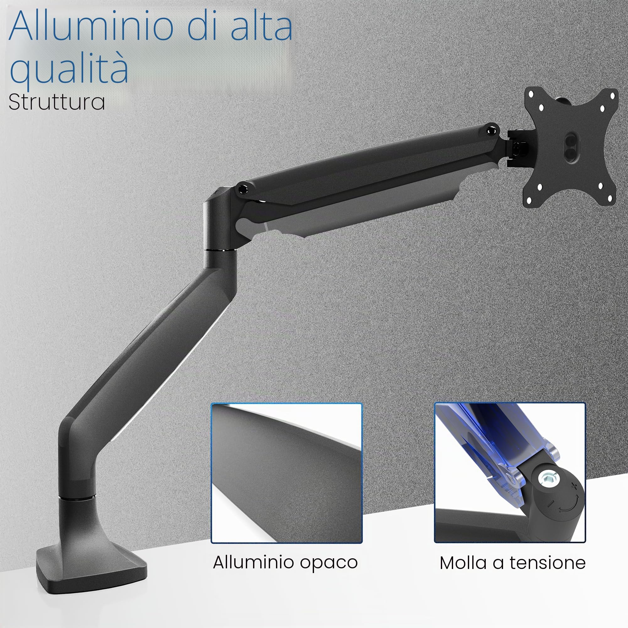 VIVO STAND-V001Q - Supporto da scrivania articolato per monitor singolo, in alluminio, regolabile in altezza, con braccio pneumatico, adatto a schermi fino a 32"
