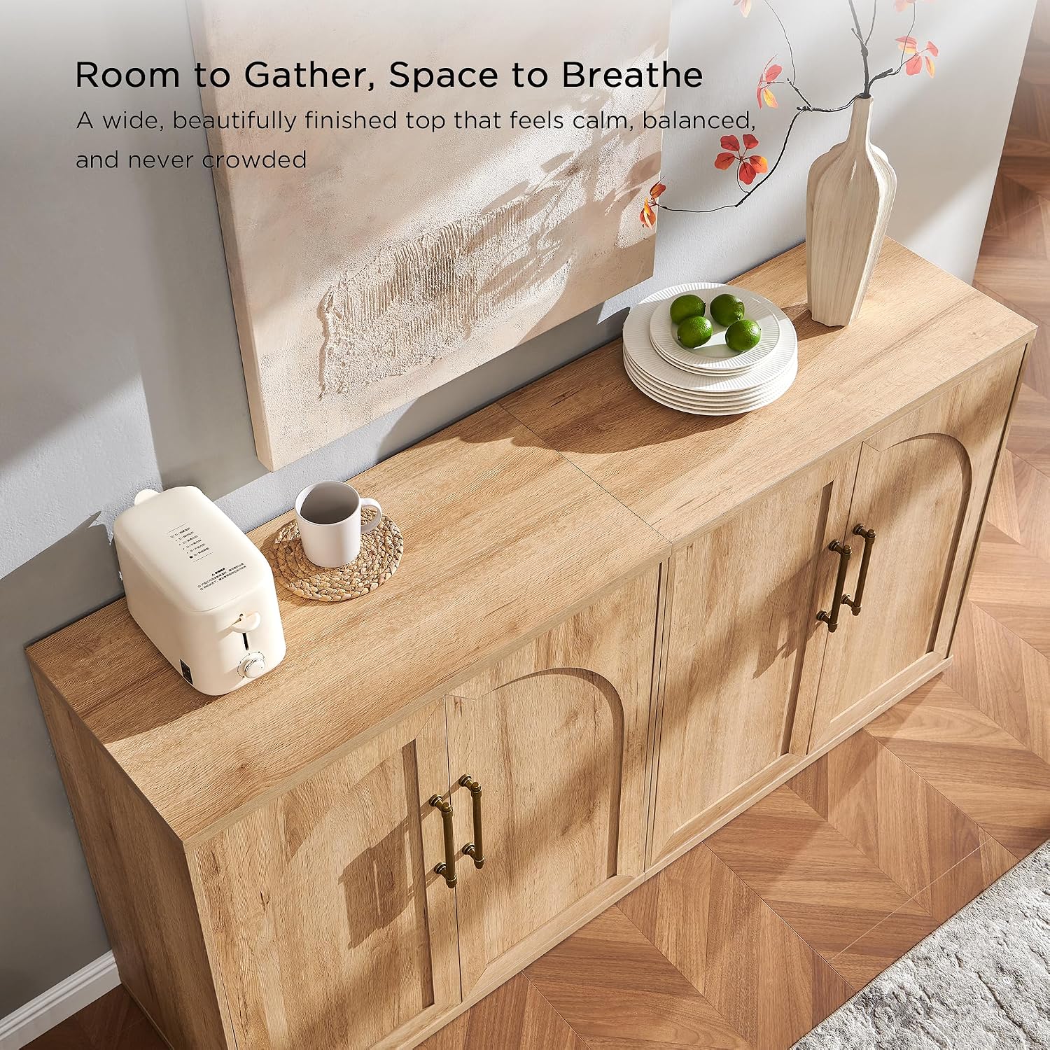 ACCOHOHO Arched Door Sideboard Buffet Cabinet, Accent Cabinet with Adjustable Shelf, Wood Modular Credenza Storage Cabinet for Dining Room, Living Room, Entryway, Natural Oak thumbnail