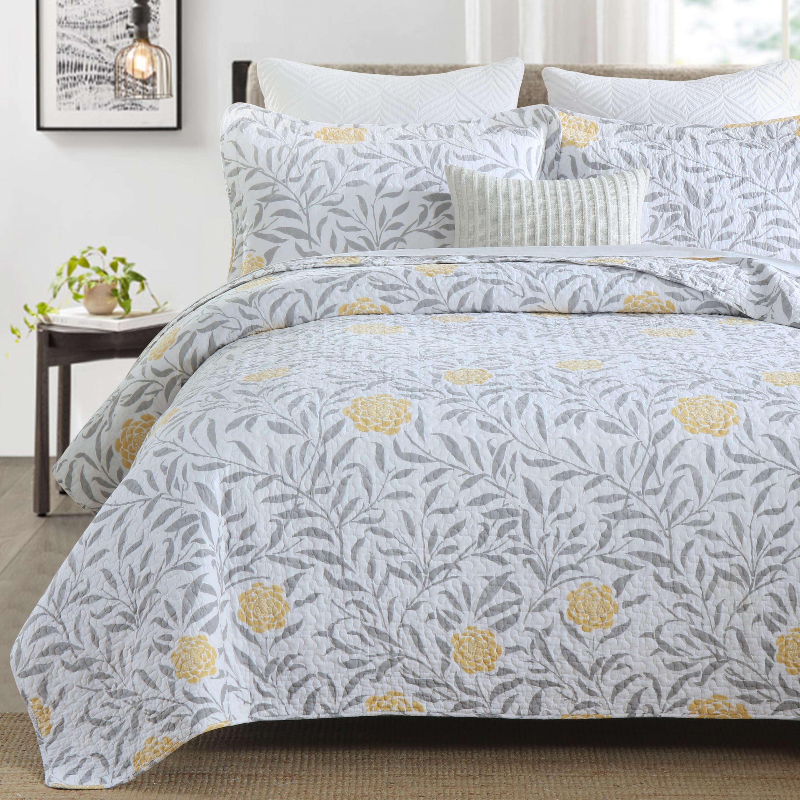 Homzard Floral Queen Comforter Set - 100% Cotton Quilts Queen Size,Yellow Gray White Bedspreads (90 * 98 Inch) with 2 Pillow Shams, Farmhouse Lightweight Bedding 3 Pieces
