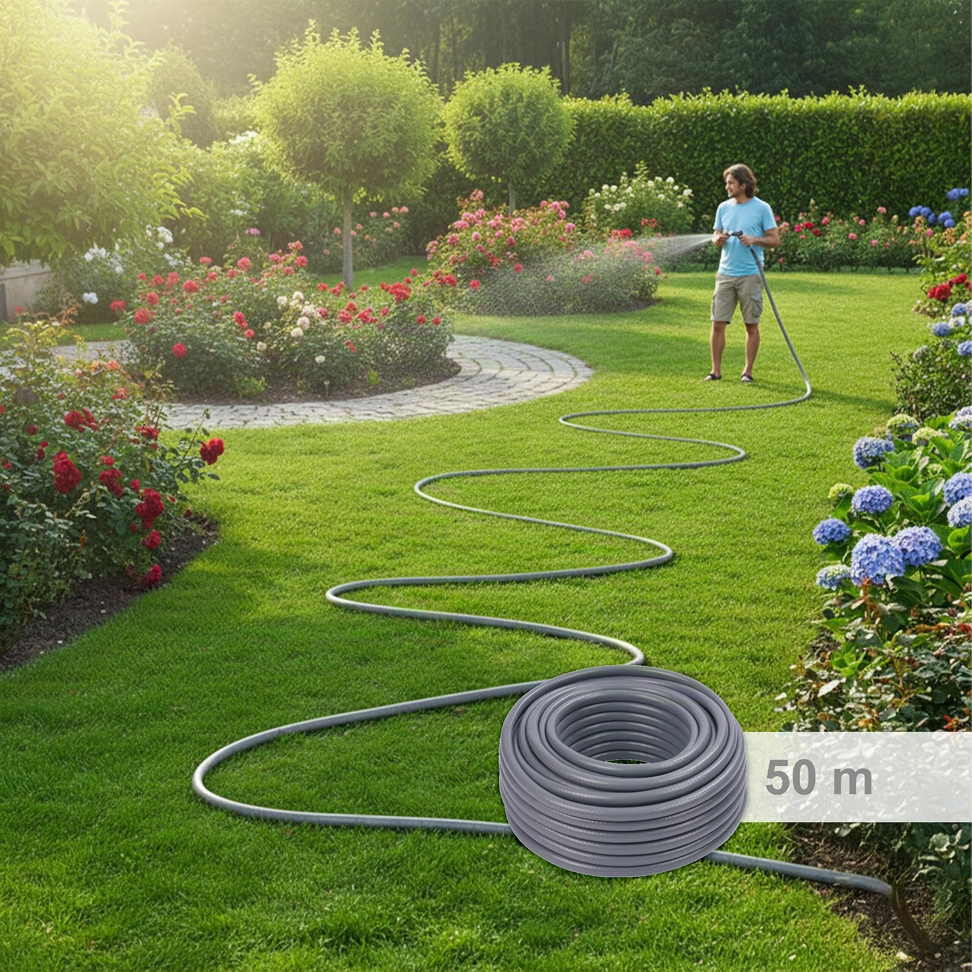 Relaxdays Gartenschlauch, 50 m, universeller Wasserschlauch 1/2", UV- & wetterfest, Gewebeschlauch Garten, PP, grau