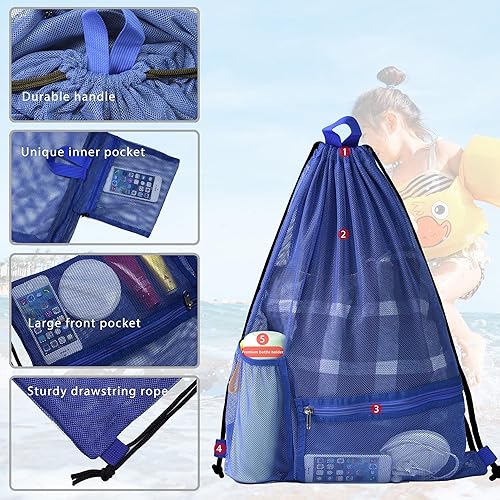 Miniatura 4 de Bolsa de malla con cordón resistente, mochila de gimnasio con soporte para botellas para bolas, natación, juguetes de playa, Azul, Deportes