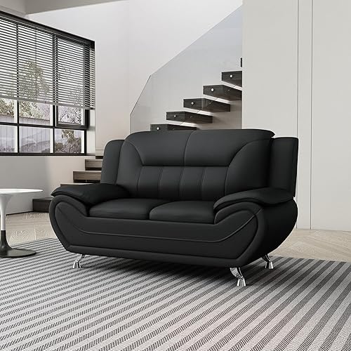 Miniatura 11 de Michael Modern - Sofá biplaza tapizado de piel sintética con patas de acero inoxidable para sala de estar, color negro