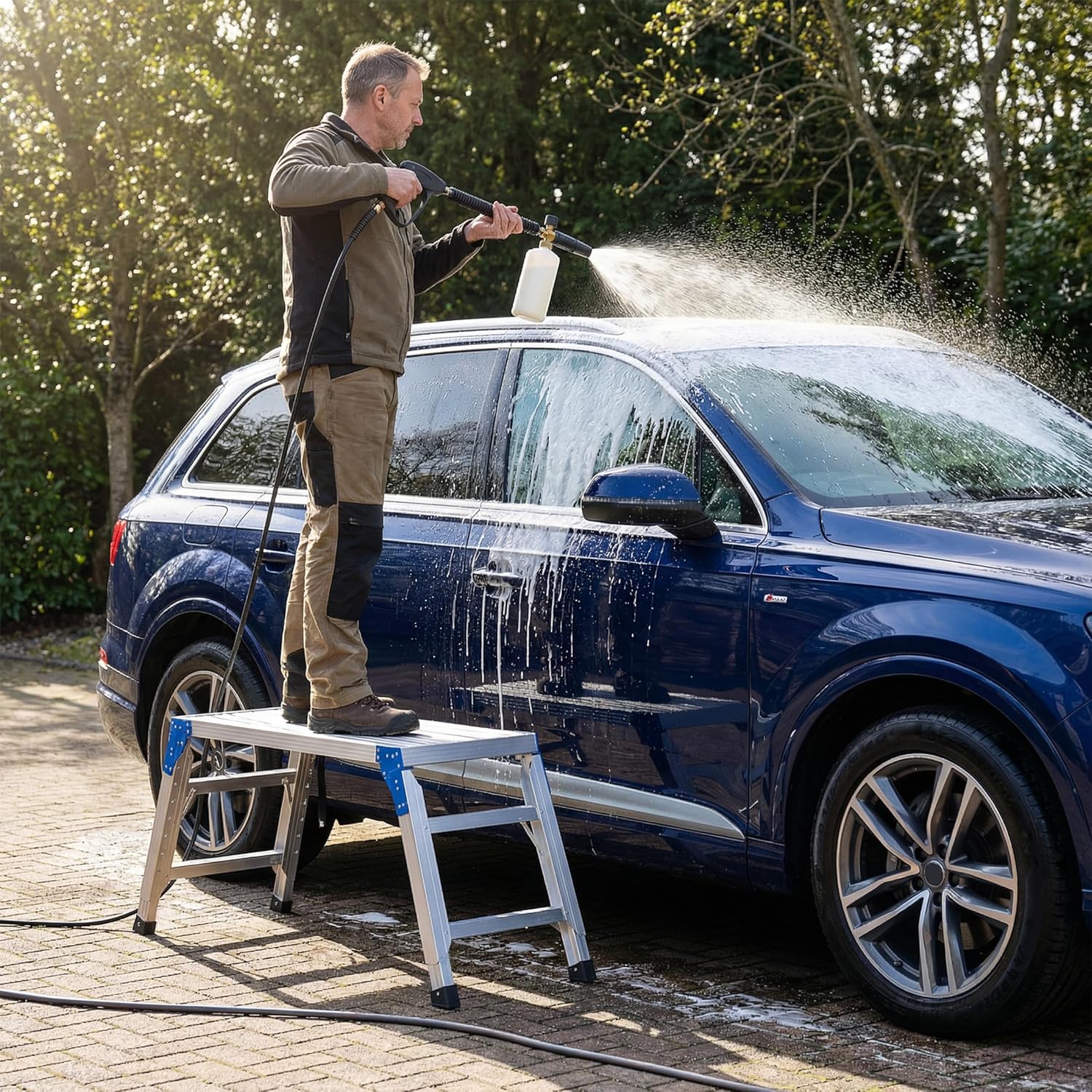 Work Platform Height Adjustable, Portable Step Stool Ladder, Folding Aluminum Step Ladder, Type 1A, Heavy Duty 330 Lbs Rated, for Washing Vehicles, Cleaning Windows, DIY, Maintenance Work