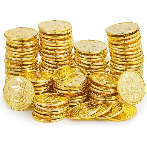 JOYIN 120 Pcs St. Patrick’s Day Gold Coins, Plastic Gold Coins Bulk with Shamrock, Leprechaun, Cauldron & Hat Patterns, St Patricks Accessories Games Gifts Decorations, Party Favors & Party Supplies