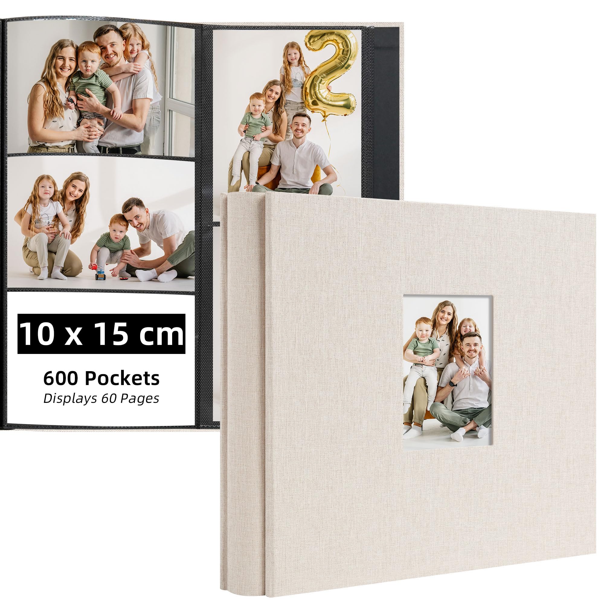 Remowith Photo Albums 6x4, Holds 600 Pockets 10x15cm Landscape and Portrait Photos, Large Capacity Photo Book, Fabric Album Cover for Family, Wedding, Travel & Baby Memory Archives, Off-White