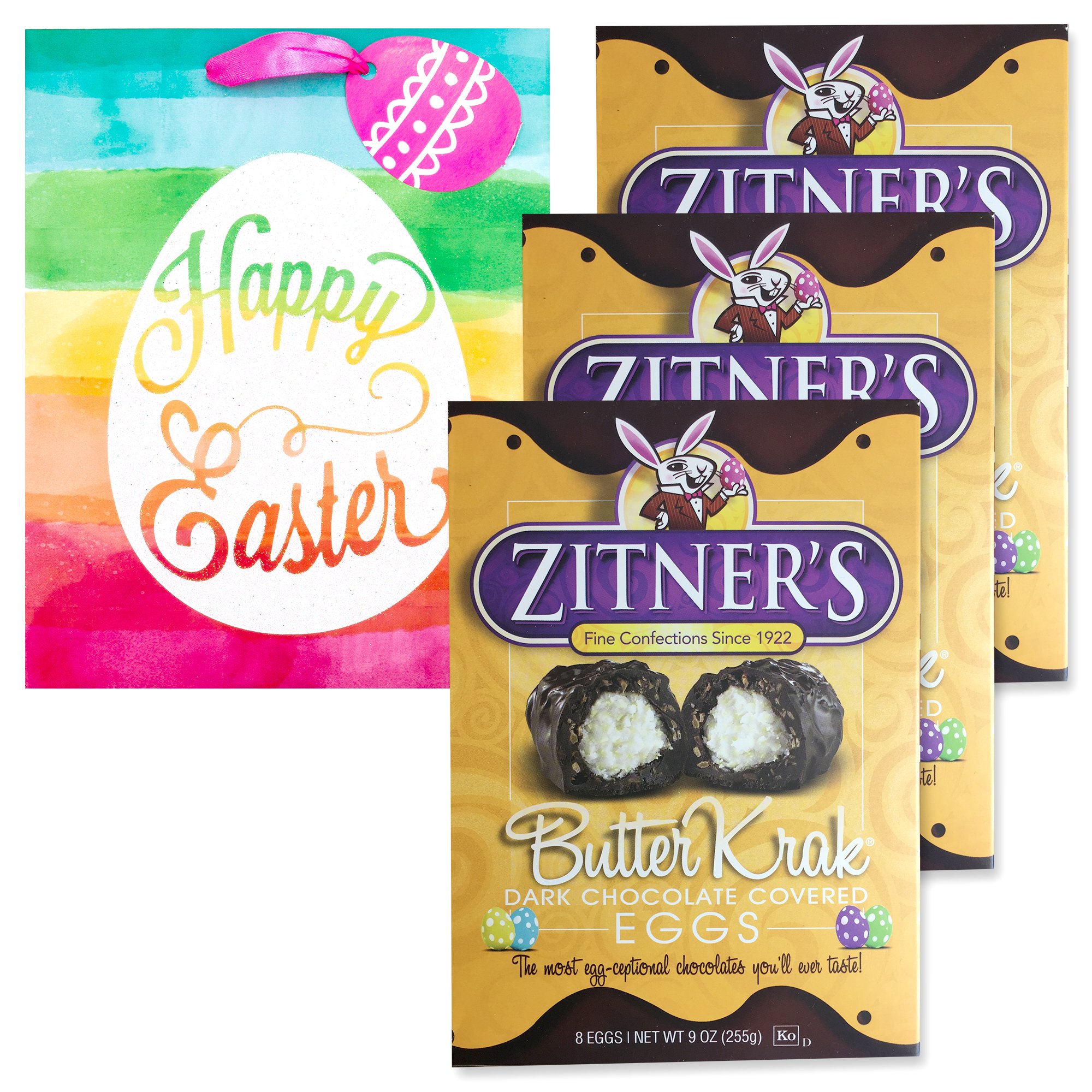 Zitners Butter Krak Egg-ceptional Dark Chocolate Covered Eggs | Pack of 3, 9Oz 24 Eggs Total | Easter Themed Gift Bag | For Easter Basket, Easter Egg Hunt, Spring Treats, Cookies, Bunny Cake