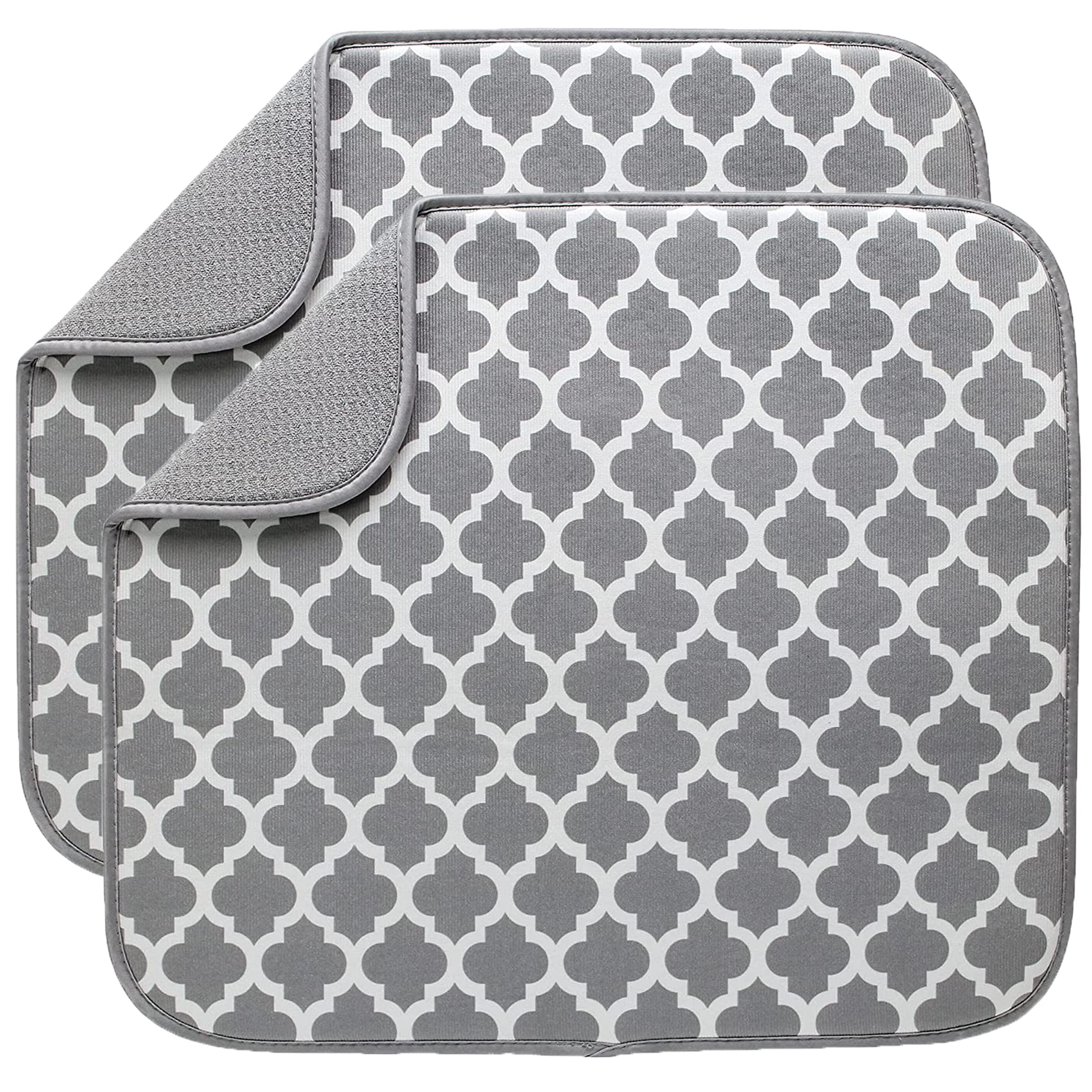 Draining Mat Microfibre Draining Board Mats Dish Drying Mats Washing up mat for Kitchen Super Absorbent 40 x 46cm 2 Pack Grey Trellis