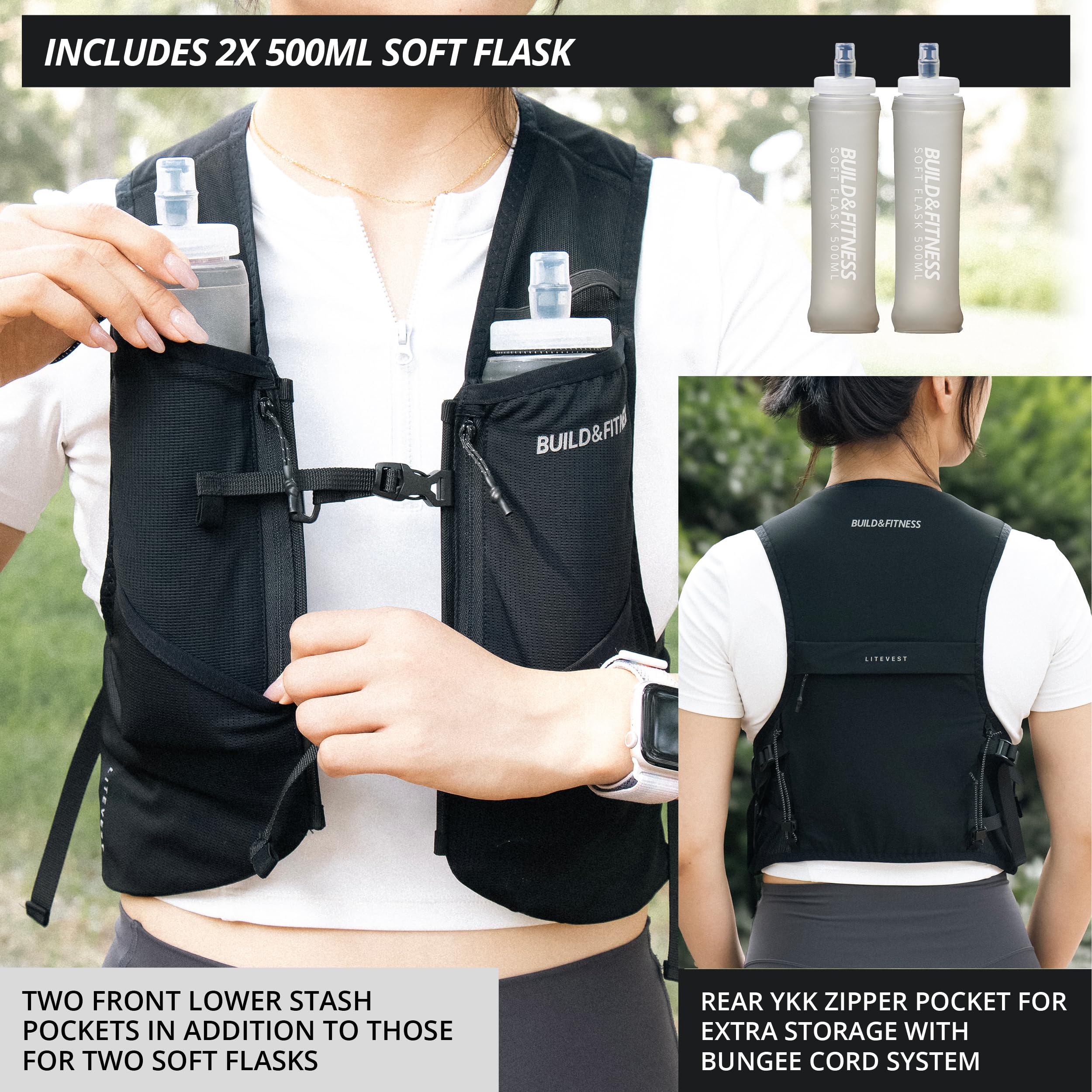 Gilet di idratazione LITEVEST Build & Fitness con 2 borracce morbide da 500 ml – 7 tasche, traspirante, comodo, sicuro ed elegante per trail running, maratone e corse quotidiane