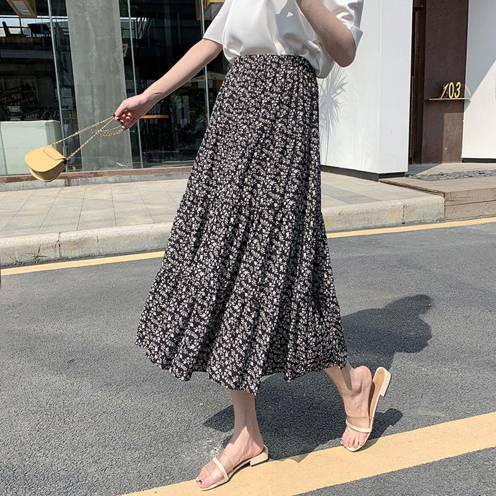 LuisFranklin Gonne Donna Lunga Skirt Gonna Boho Elegante in Chiffon con Stampa Floreale Estiva Gonne Elastiche A Vita Alta Femme Gonne A Trapezio Larghe Casual