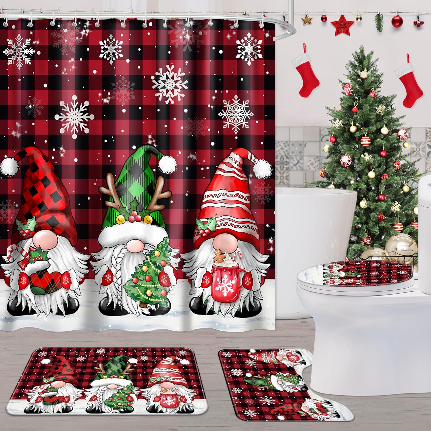 Fayoo Gnome Christmas Shower Curtain Set 4Pcs Christmas Bathroom Sets with Shower Curtain Non-Slip Rugs Toilet Lid Cover Bath Mat Buffalo Plaid Shower with 12 Hooks for Bathroom Decor