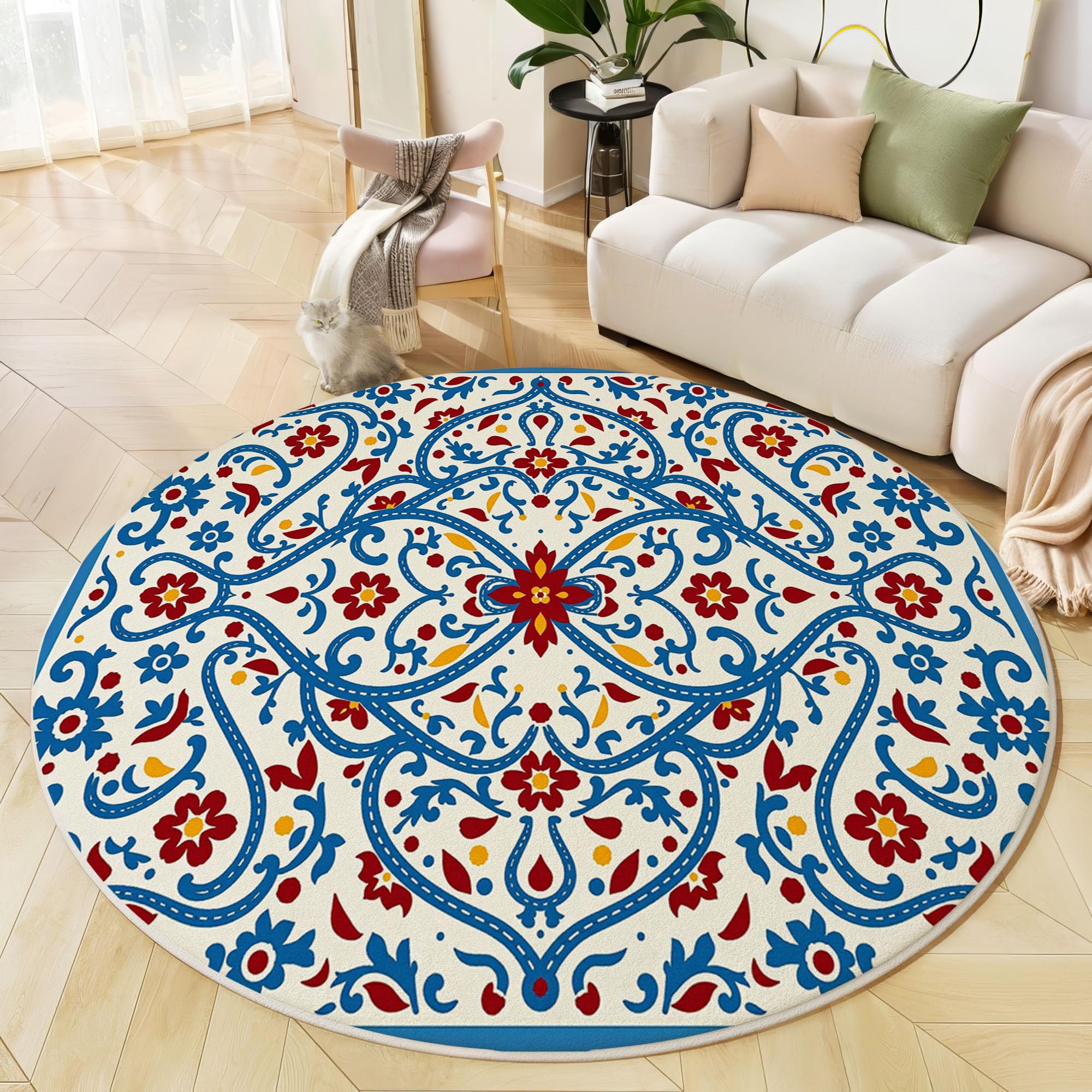 Tapis salon rond poil ras bleu marine 120 cm idéal pour une chambre d'enfant douce