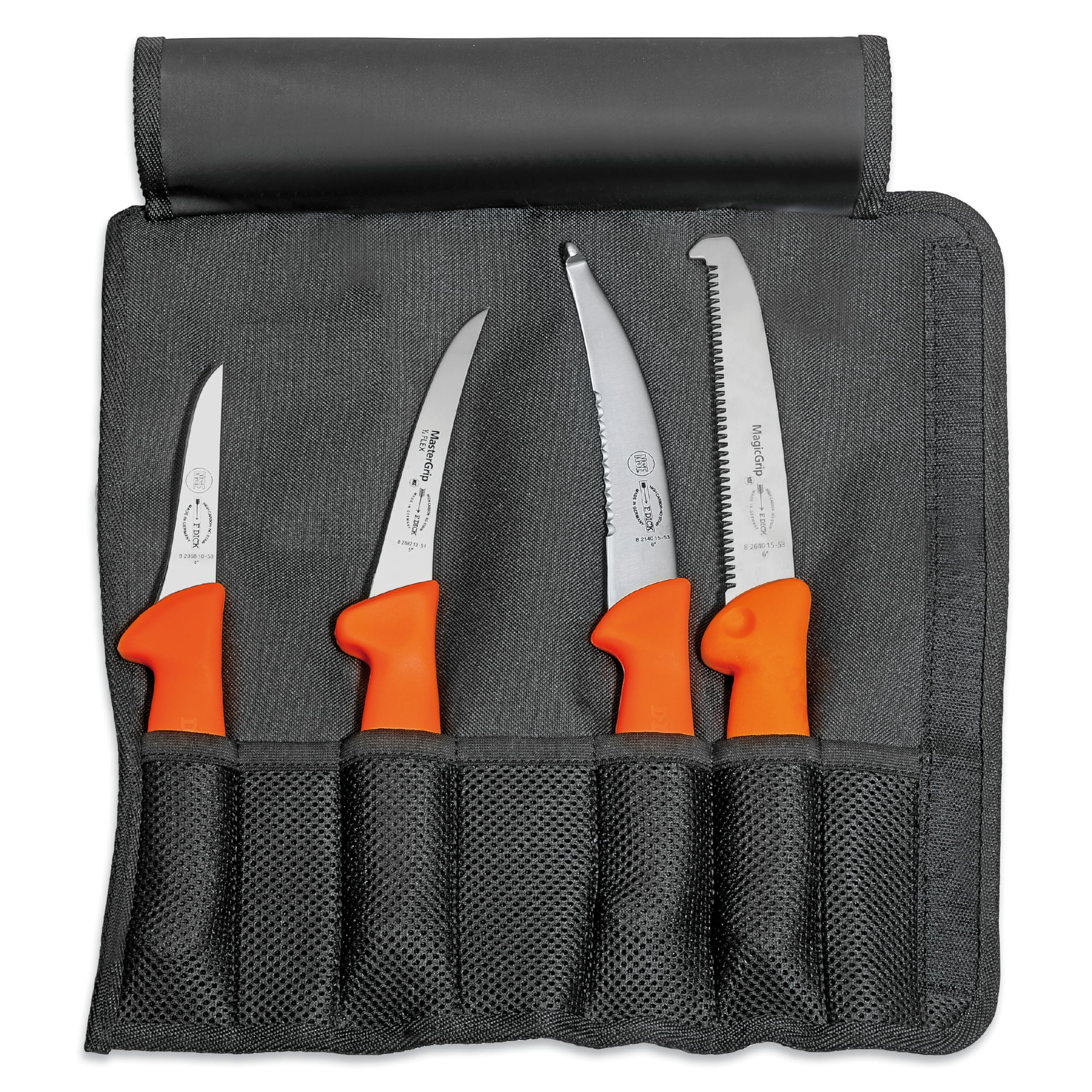 DICK Textil-Rolltasche "Jagd" 4-tlg. (Maße 34,50 x 35,50 x 6 cm, mit Aufbrechmesser, Ringelmesser, Ausbeinmesser und Jagdknochensäge, Farbe Orange, Jagdmesserset) 82061000