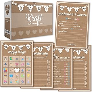 Party Hearty Baby Shower Games for Girl or Boy, 250 pcs 5 Games Activities Cards, Funny Baby Shower Games, Gender Neutral, Baby Shower Ideas