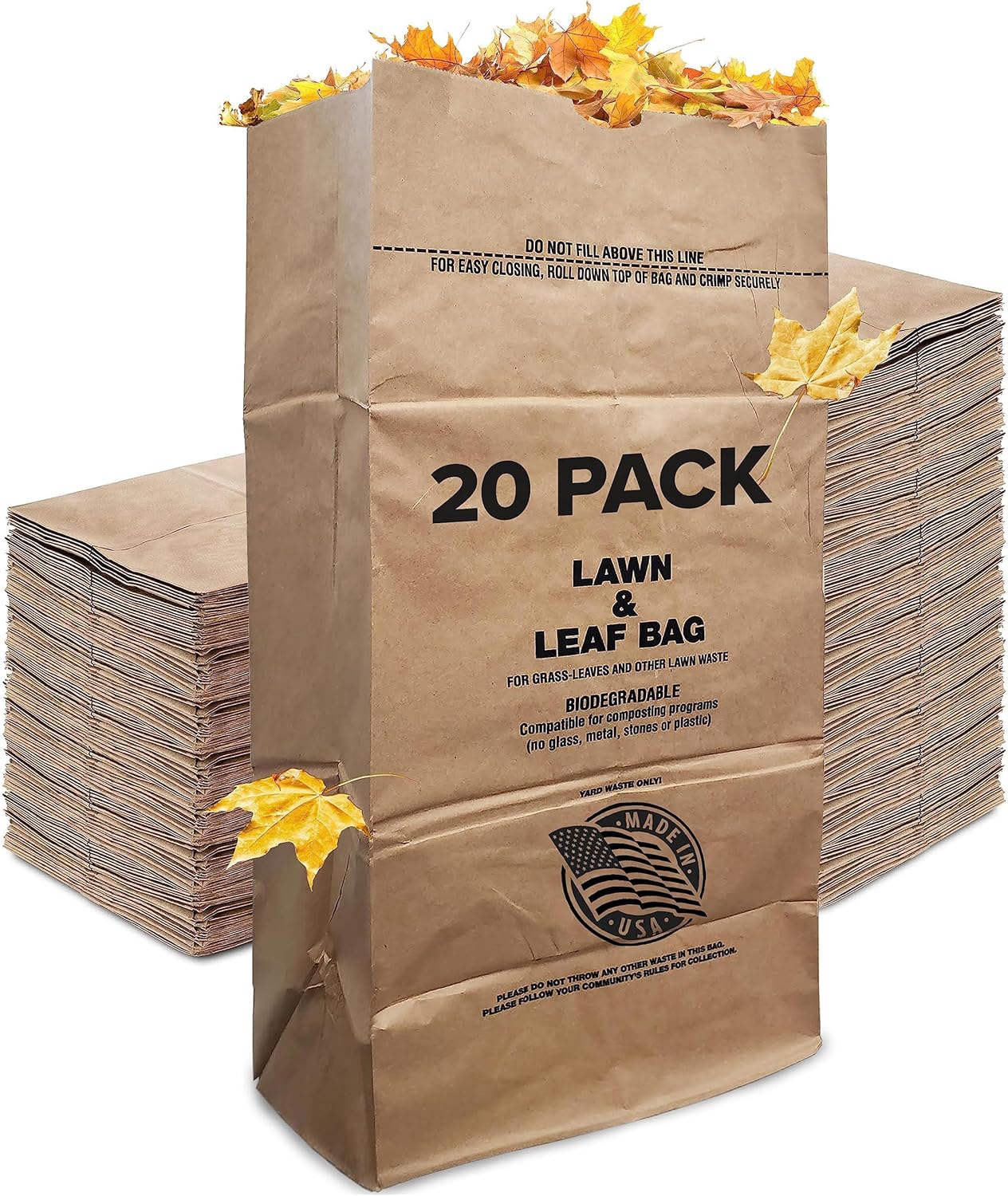 30 Gallon Kraft Lawn and Leaf Bags (20 Pack) Eco-Friendly Heavy Duty Large Paper Trash Bags, Made in the USA Tear Resistant Yard Waste Bags for Grass Clippings, Wet and Dry Leaves, Weeds, Twigs
