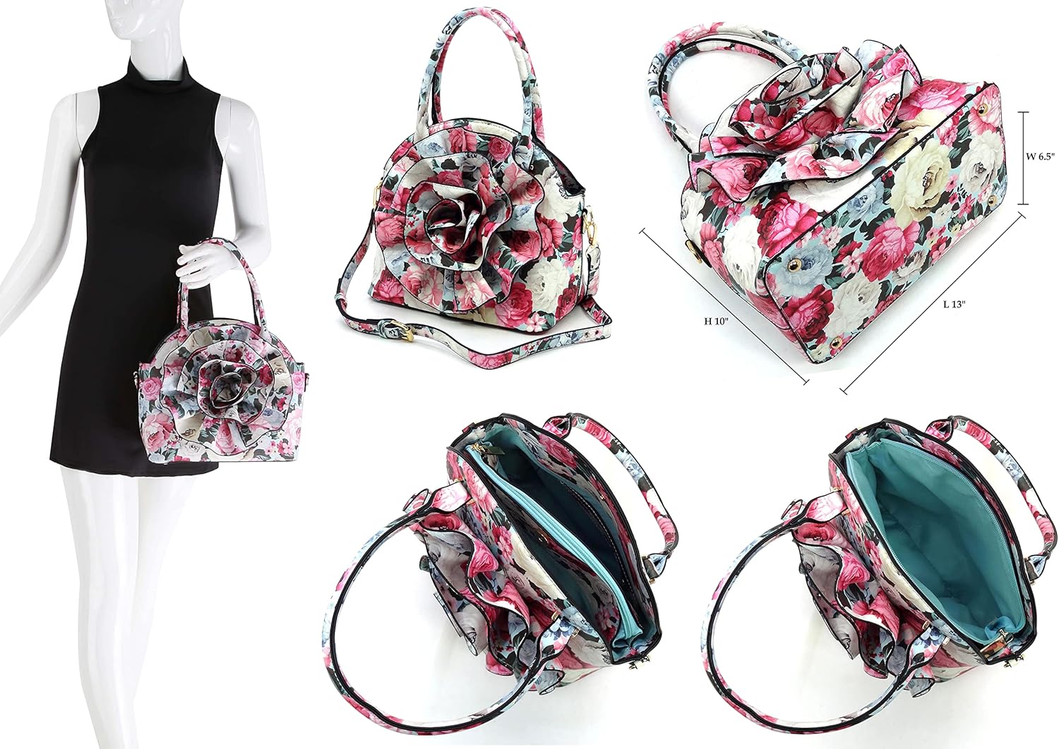 3D Flower Women Handbag and Matching Wallet Set Floral Printed Top Handle Purse 2PCS Set