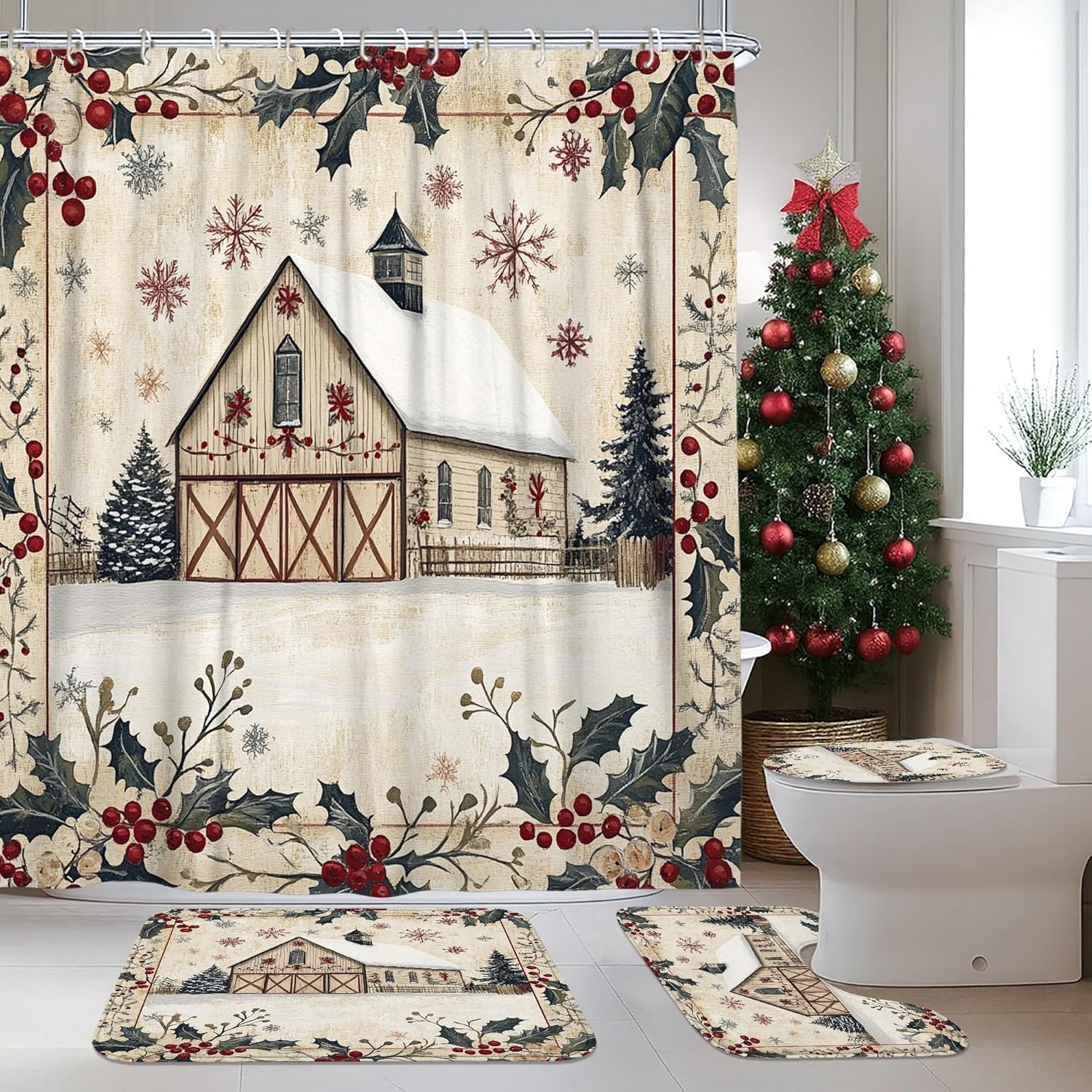 4PCS Winter Farmhouse Merry Christmas Bathroom Sets with Non-Slip Rug, U Shape Toilet Lid Cover Mat, Country Barn Xmas Scenic Bathroom Decoration 72''x72''