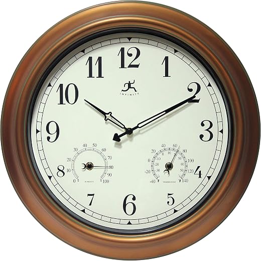 Infinity Instruments Craftsman 18 inch Copper Petina Outdoor Clock Thermometer Combo Patio Waterproof Large Wall Weather Station Weatherproof Decorative Outdoor Wall Clock Thermometer Hygrometer