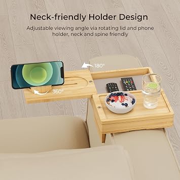 Wealone Bamboo Couch Arm Tray, Adjustable Sofa Arm Table with Storage Box | 2 Rotatable Tray, Clip Table with Storage Box & 360 Phone Holder, Couch Armrest Table for Snacks, Drinks or Dining